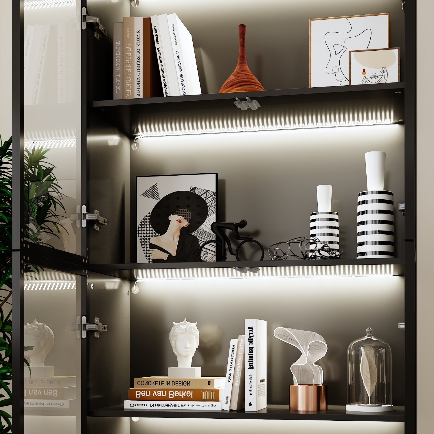 Famapy Modern Display Cabinet with Glass Doors, Adjustable Shelves, and LED Lighting Black