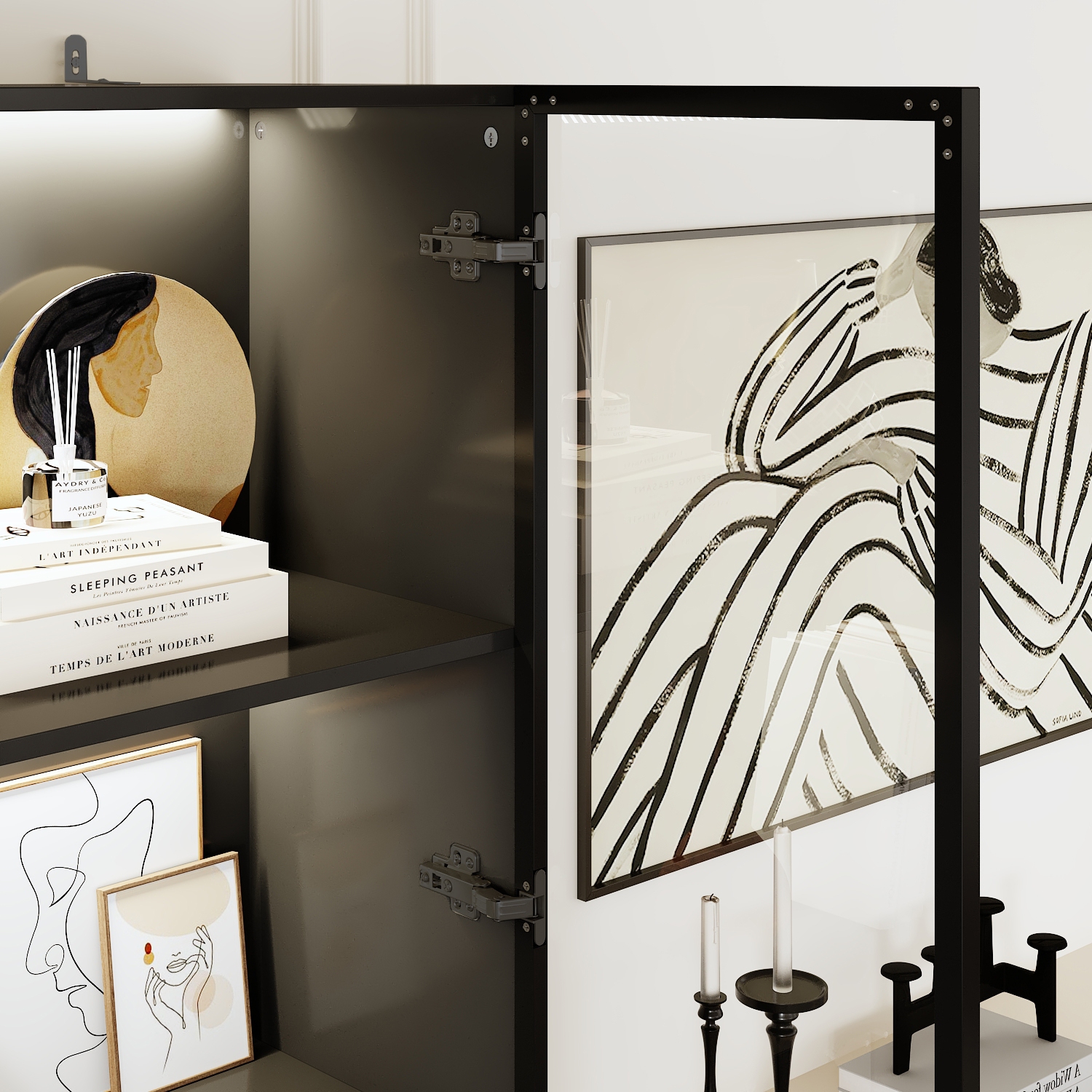 Famapy Modern Display Cabinet with Glass Doors, Adjustable Shelves, and LED Lighting Black