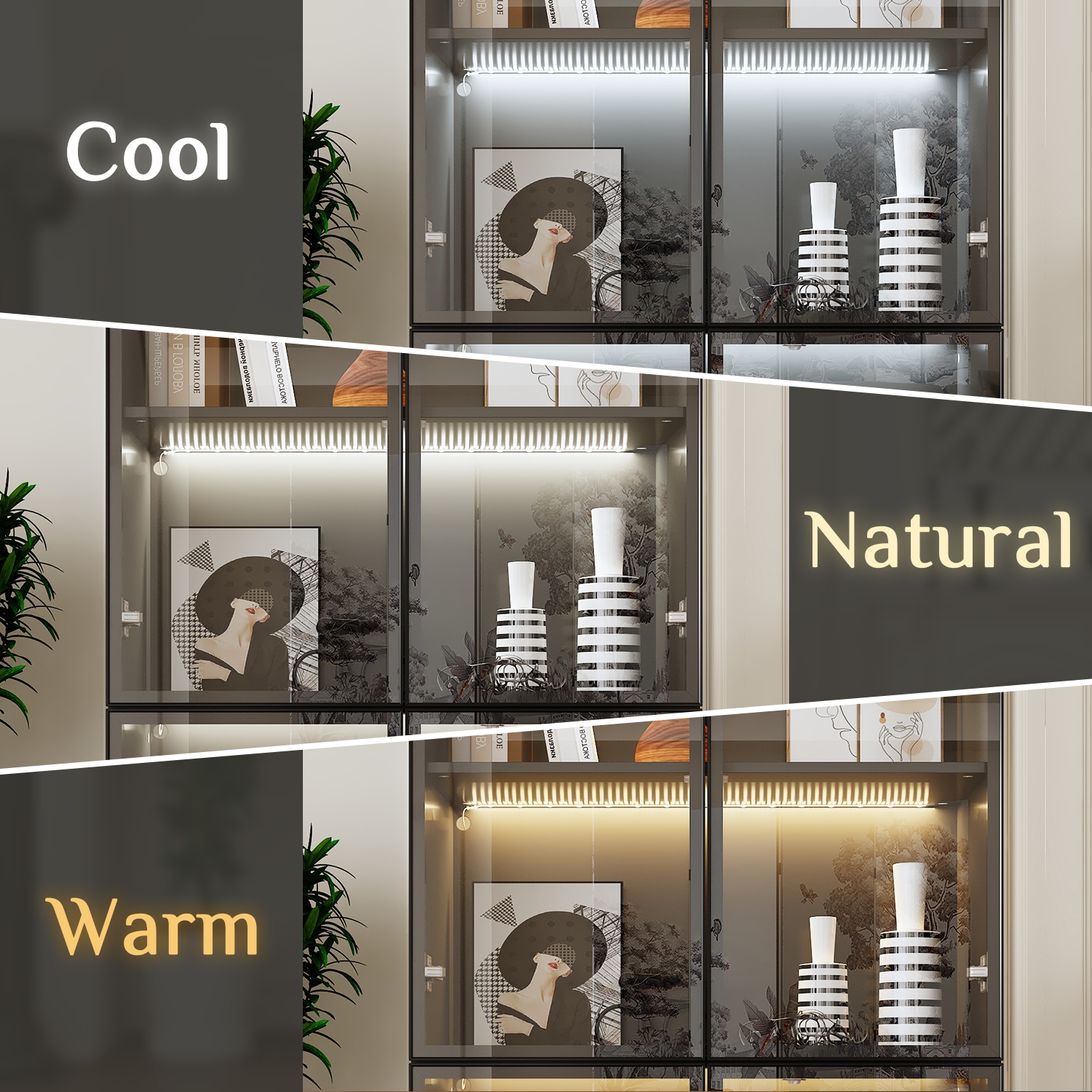 Famapy Modern Display Cabinet with Glass Doors, Adjustable Shelves, and LED Lighting Black