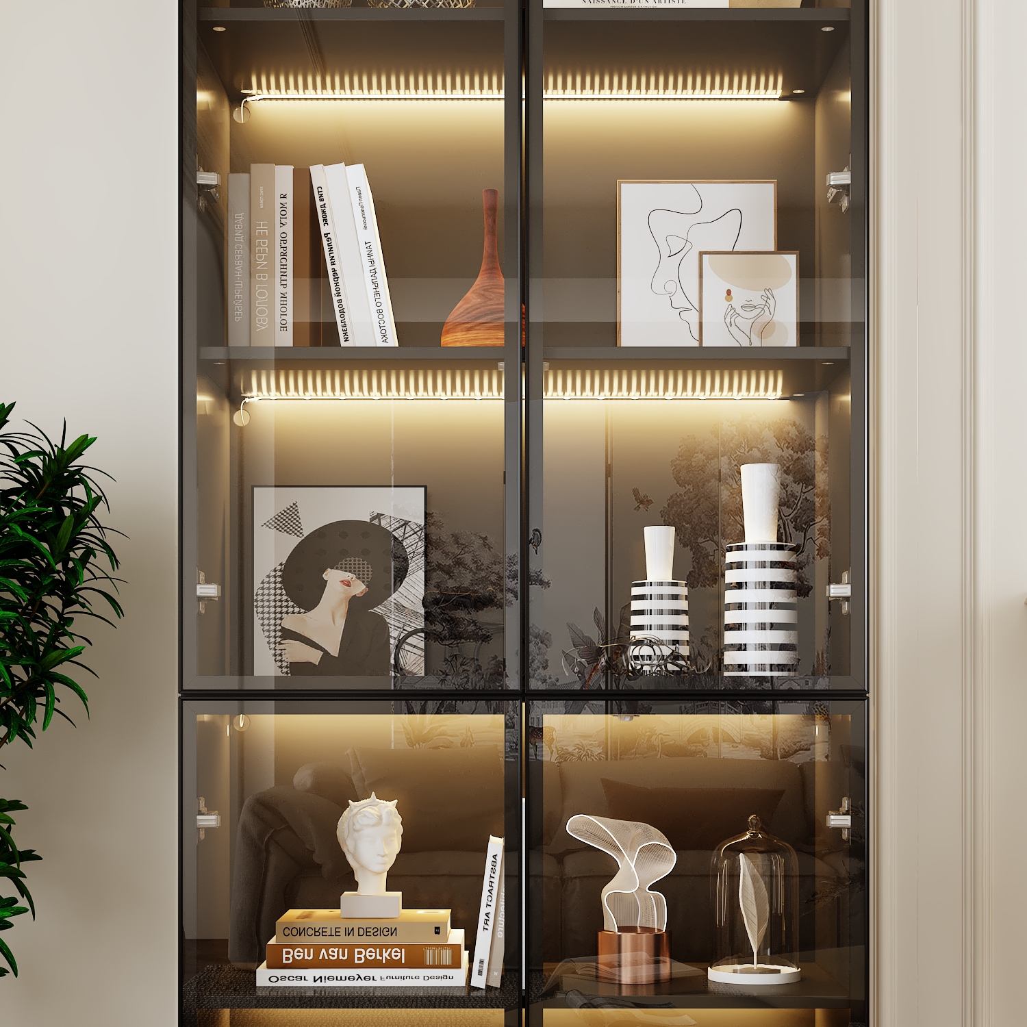 Famapy Modern Display Cabinet with Glass Doors, Adjustable Shelves, and LED Lighting Black