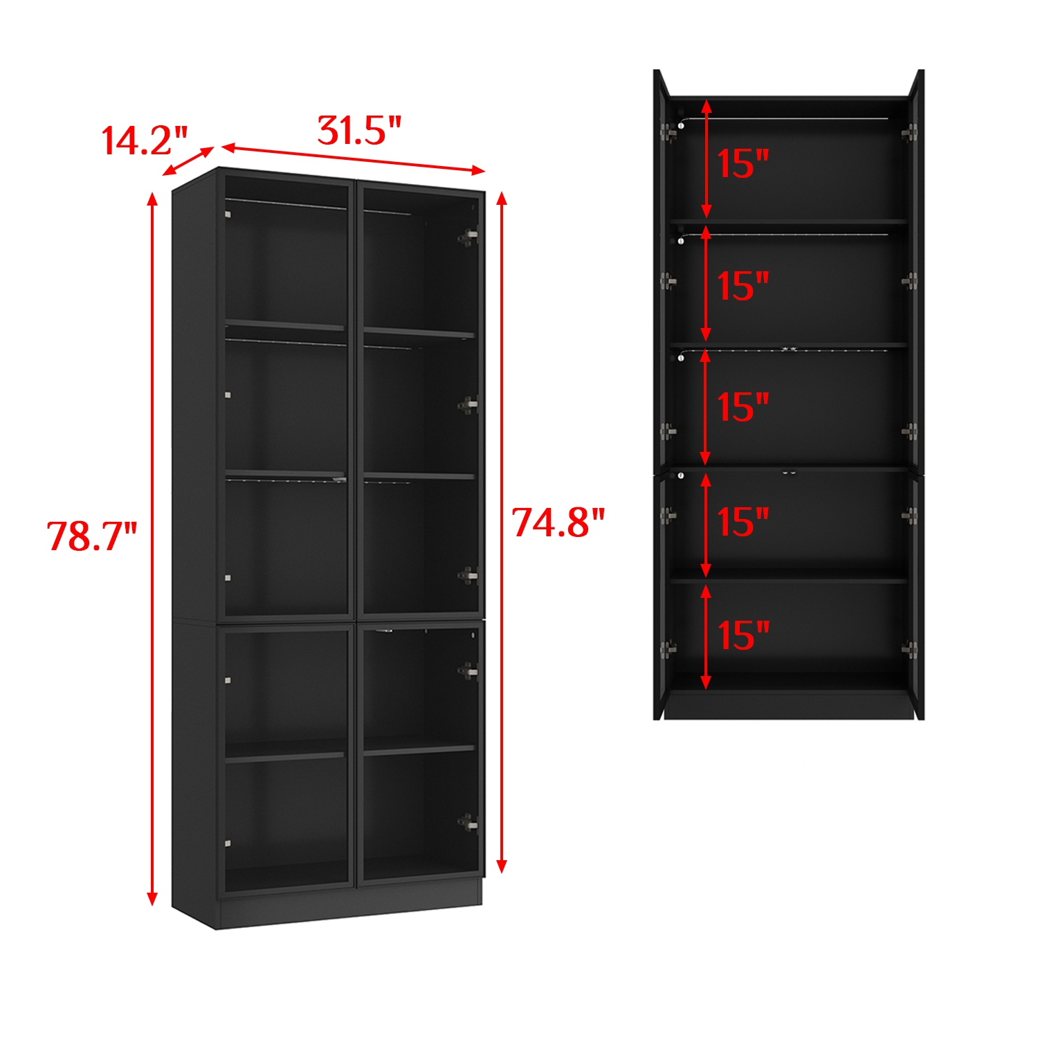 Famapy Modern Display Cabinet with Glass Doors, Adjustable Shelves, and LED Lighting Black