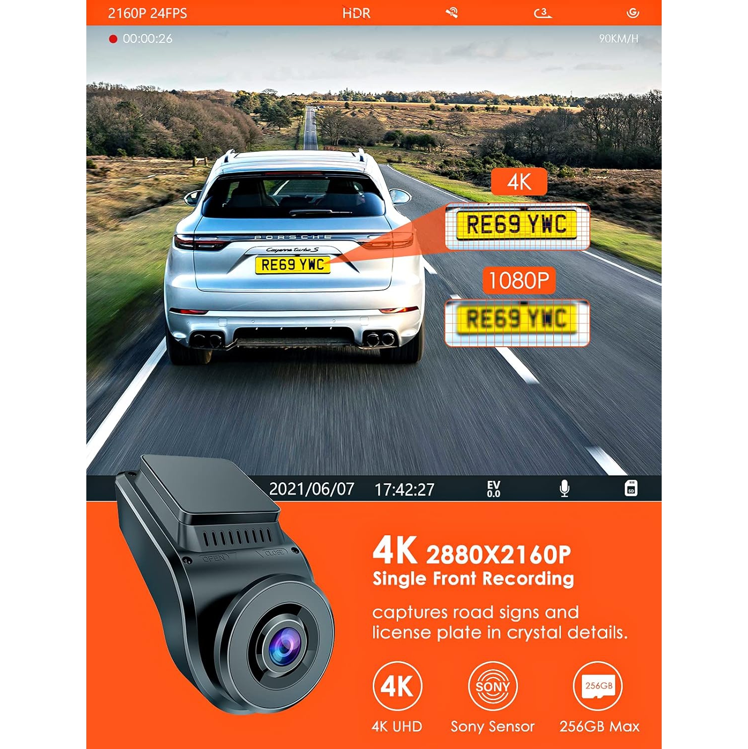 Refurbished(Excellent)- Vantrue S1 4K Front and Rear Dash Cam, 1080P Dual Dash Camera with GPS Live Speed