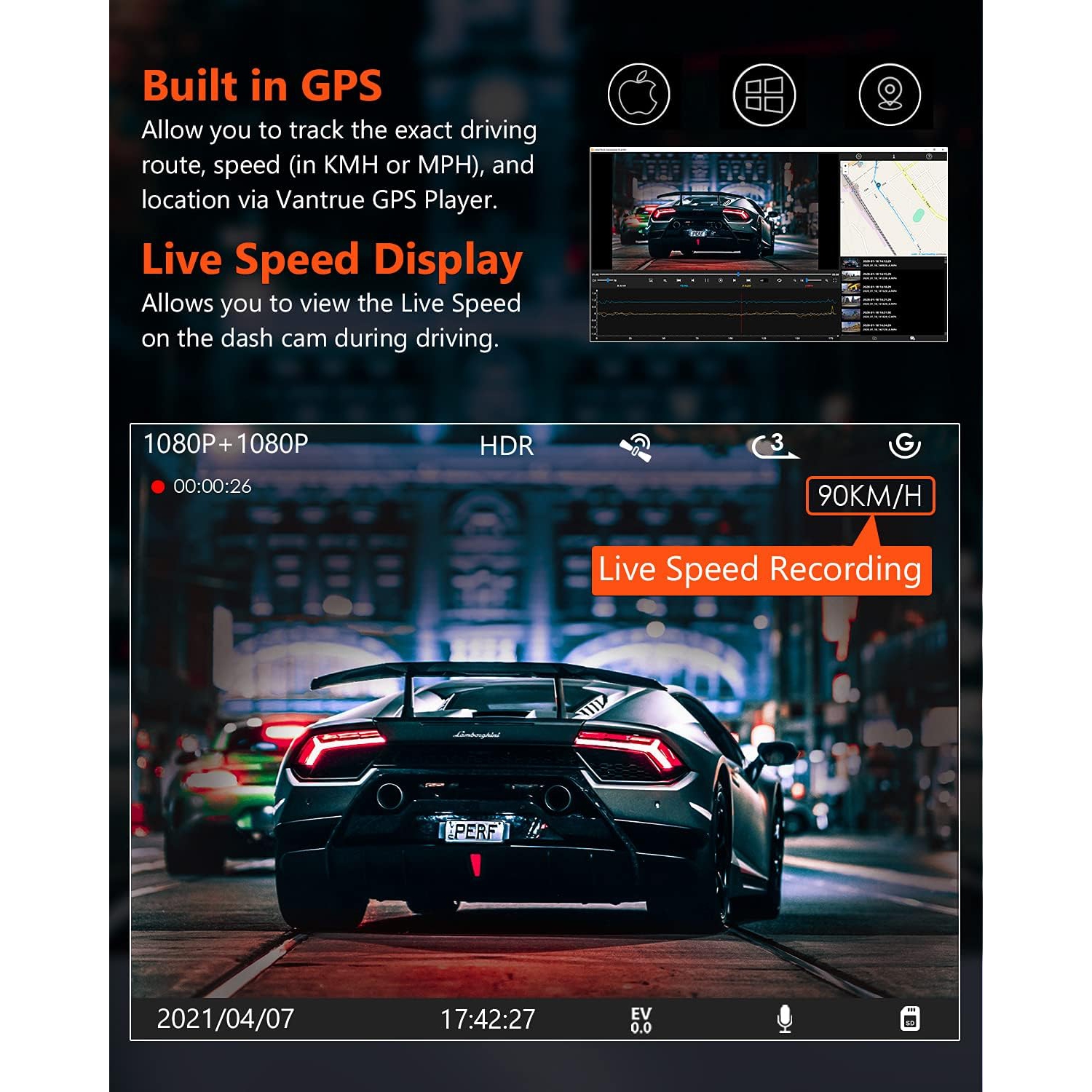 Refurbished(Excellent)- Vantrue S1 4K Front and Rear Dash Cam, 1080P Dual Dash Camera with GPS Live Speed