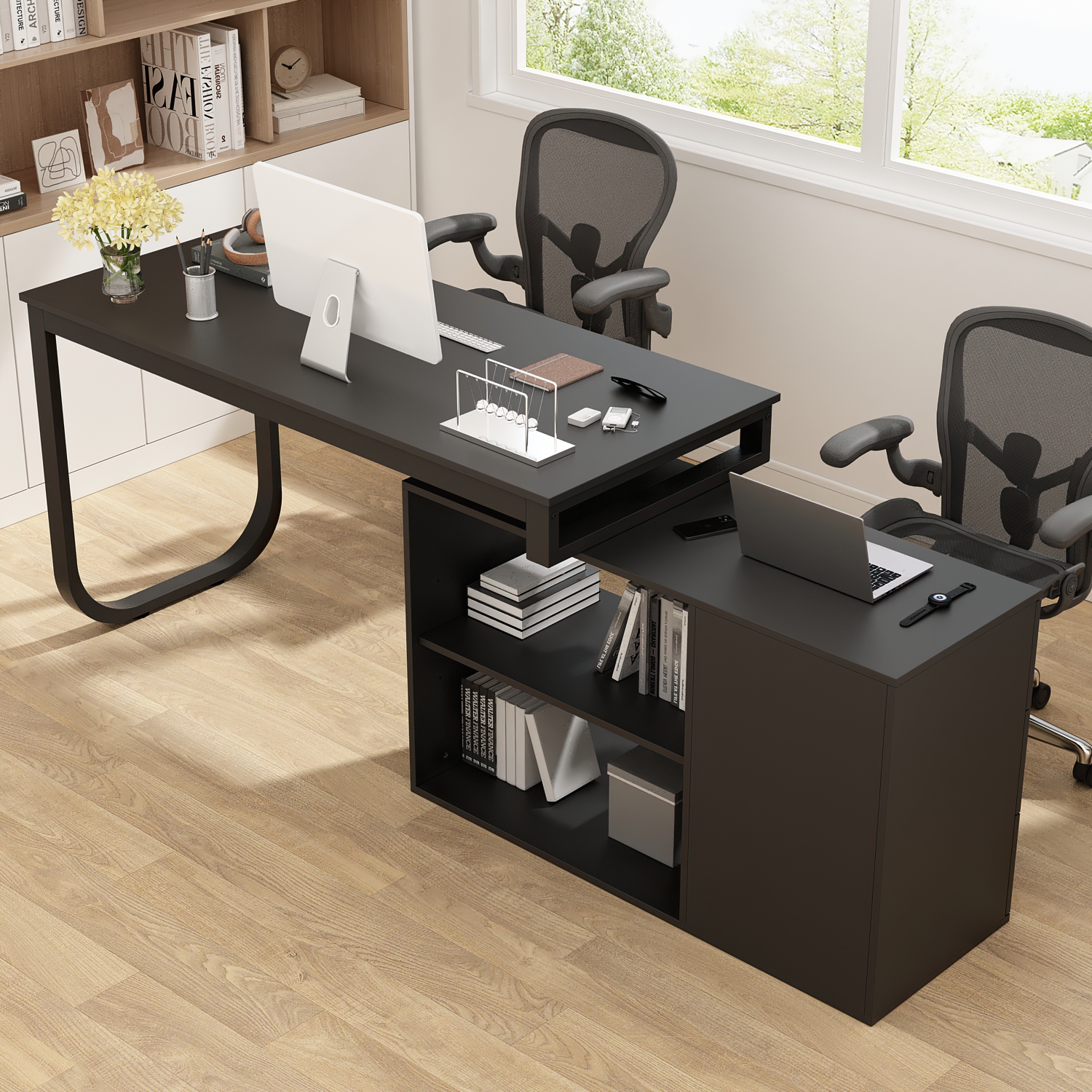 Famapy – Bureau en L avec tablettes et tiroirs de rangement, bureau d’ordinateur moderne avec tablettes ouvertes pour bureau à domicile, noir