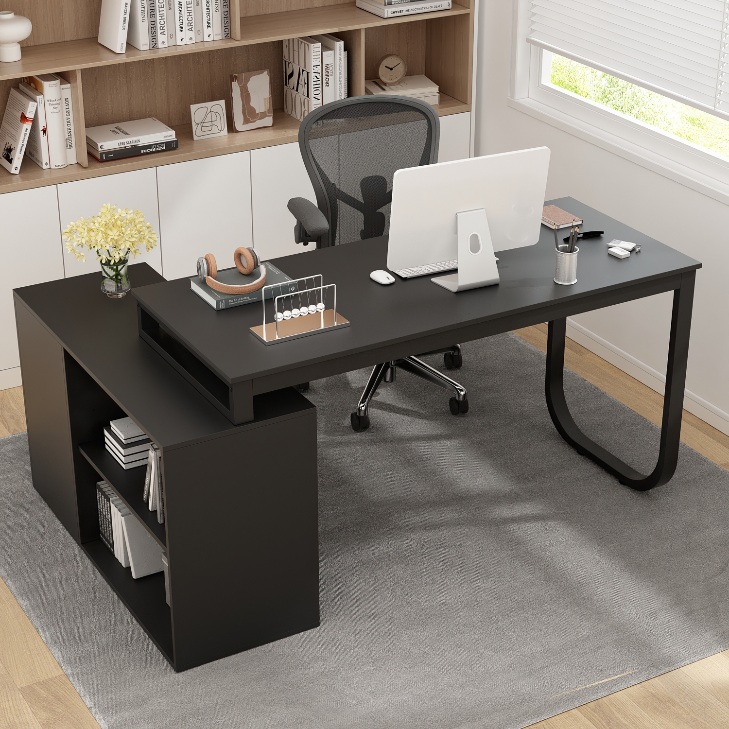 Famapy – Bureau en L avec tablettes et tiroirs de rangement, bureau d’ordinateur moderne avec tablettes ouvertes pour bureau à domicile, noir