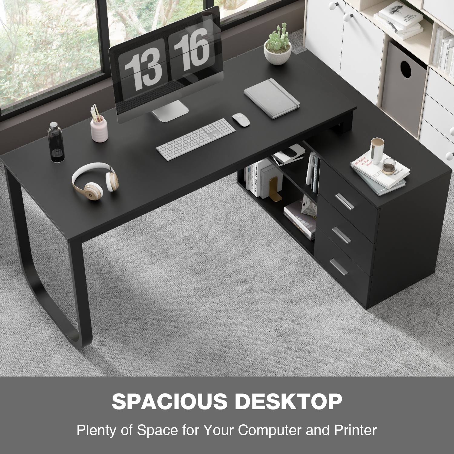 Famapy – Bureau en L avec tablettes et tiroirs de rangement, bureau d’ordinateur moderne avec tablettes ouvertes pour bureau à domicile, noir