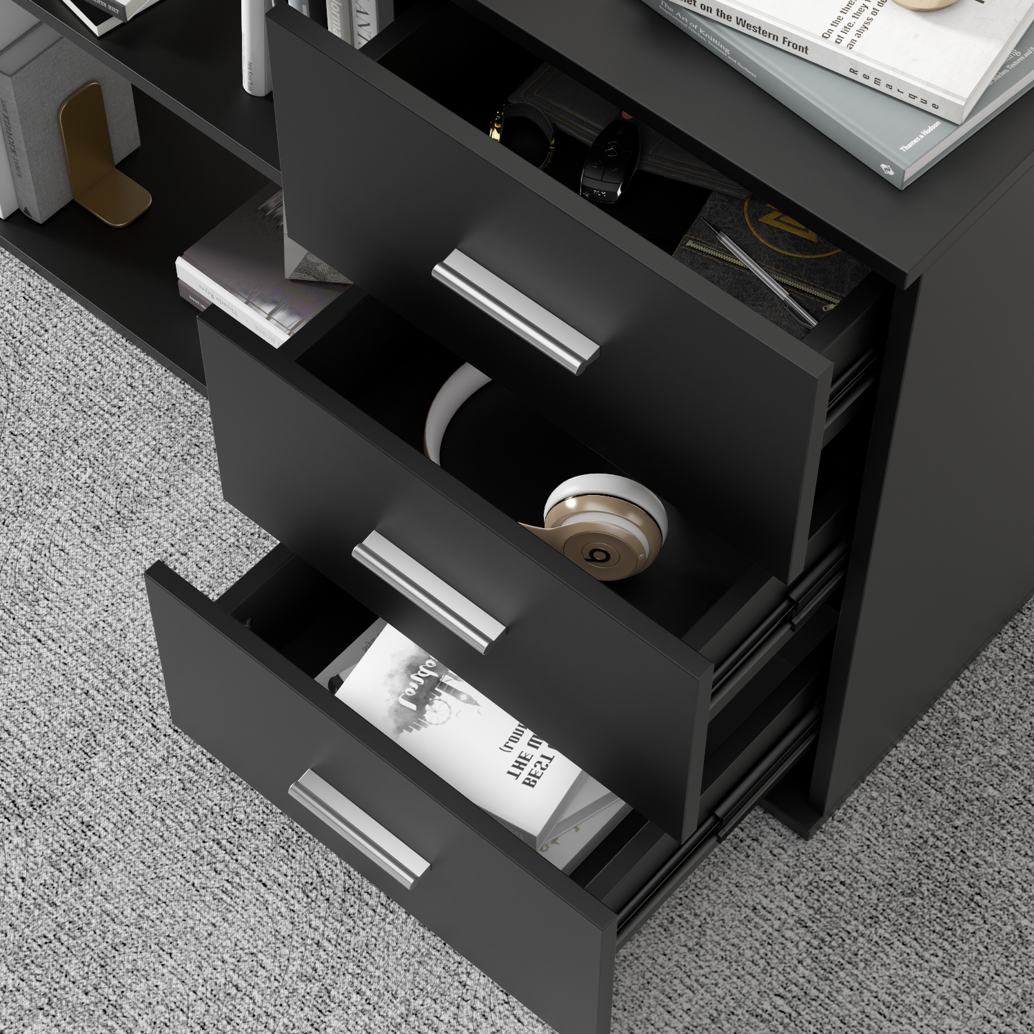 Famapy – Bureau en L avec tablettes et tiroirs de rangement, bureau d’ordinateur moderne avec tablettes ouvertes pour bureau à domicile, noir