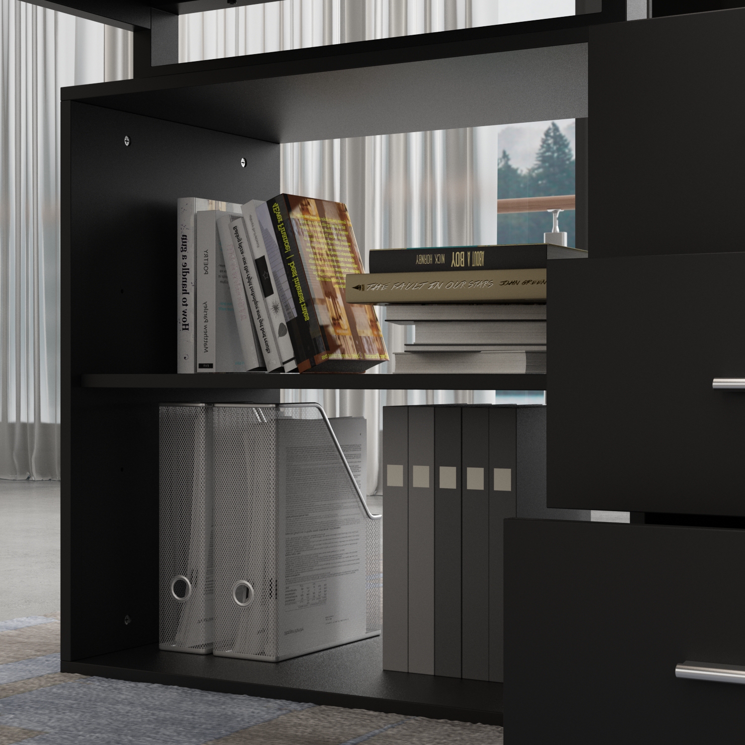 Famapy – Bureau en L avec tablettes et tiroirs de rangement, bureau d’ordinateur moderne avec tablettes ouvertes pour bureau à domicile, noir