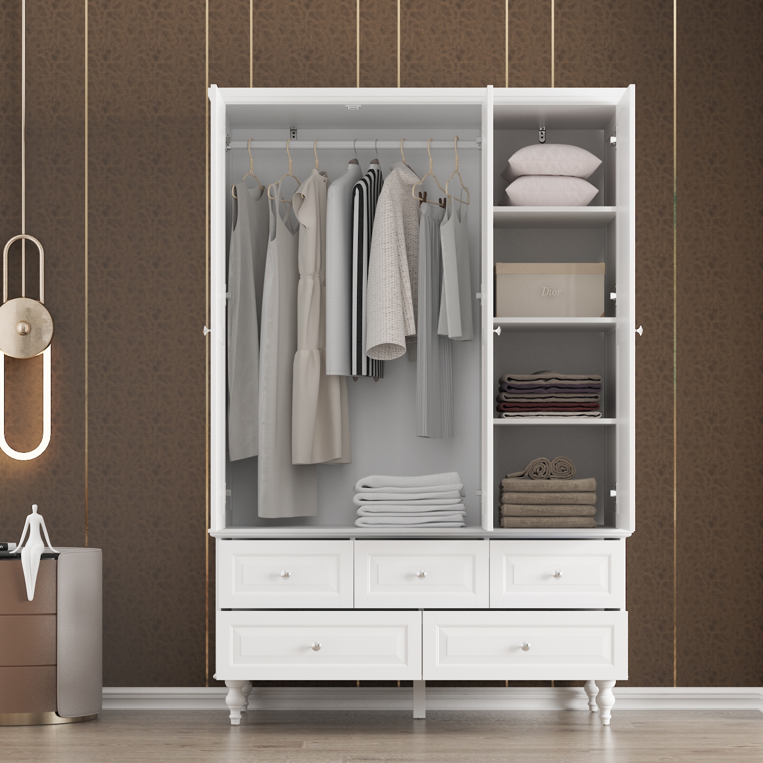 Garde-robe autonome Famapy avec tiges à suspendre, tablettes réglables et 5 tiroirs pour chambre à coucher blanc