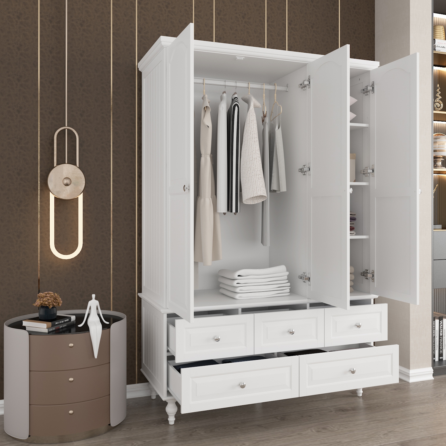 Garde-robe autonome Famapy avec tiges à suspendre, tablettes réglables et 5 tiroirs pour chambre à coucher blanc