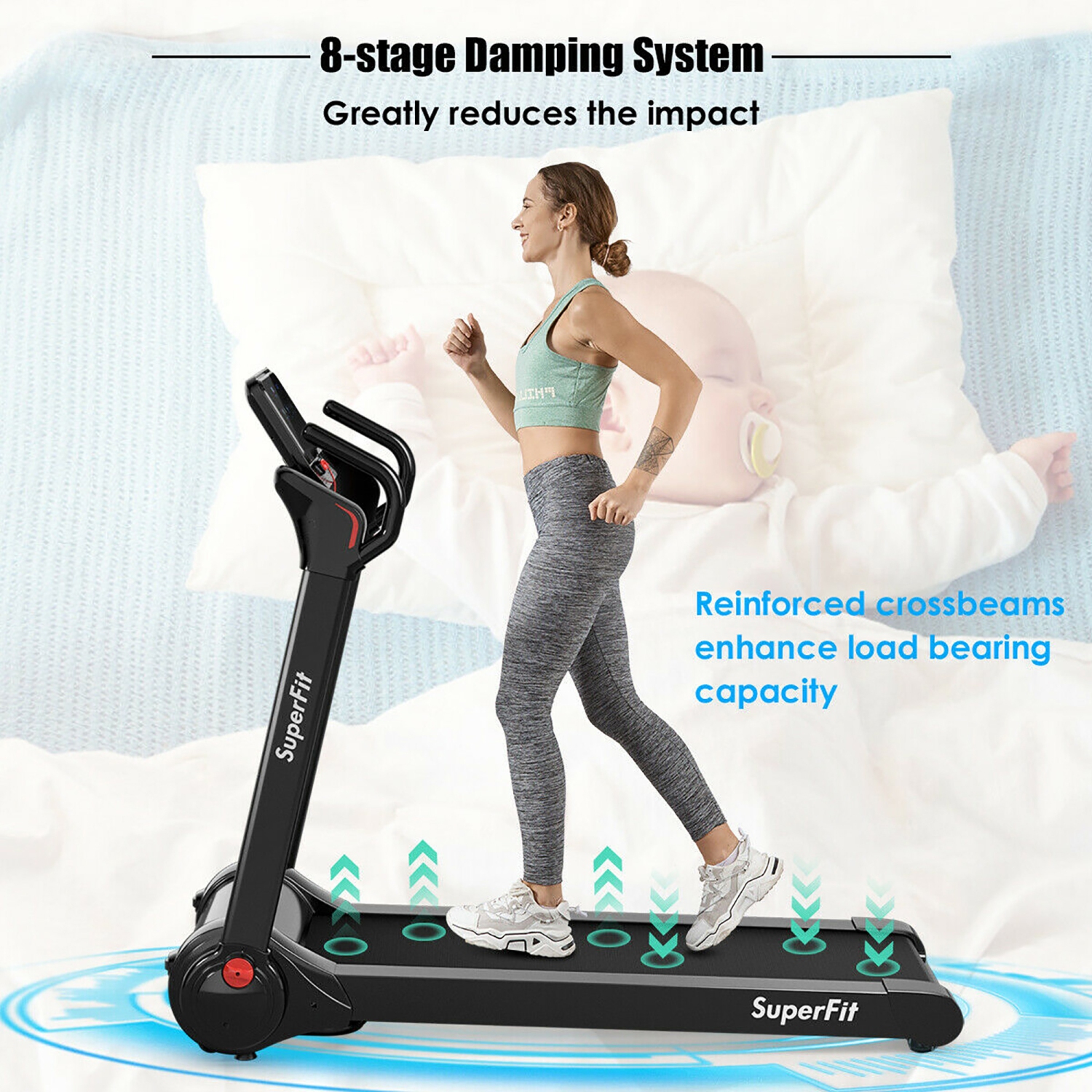SuperFit 2.25HP Electric Folding Treadmill, Installation-Free Design w/ 8-Stage Damping System, Large LED Touch Display and Bluetooth Speaker,