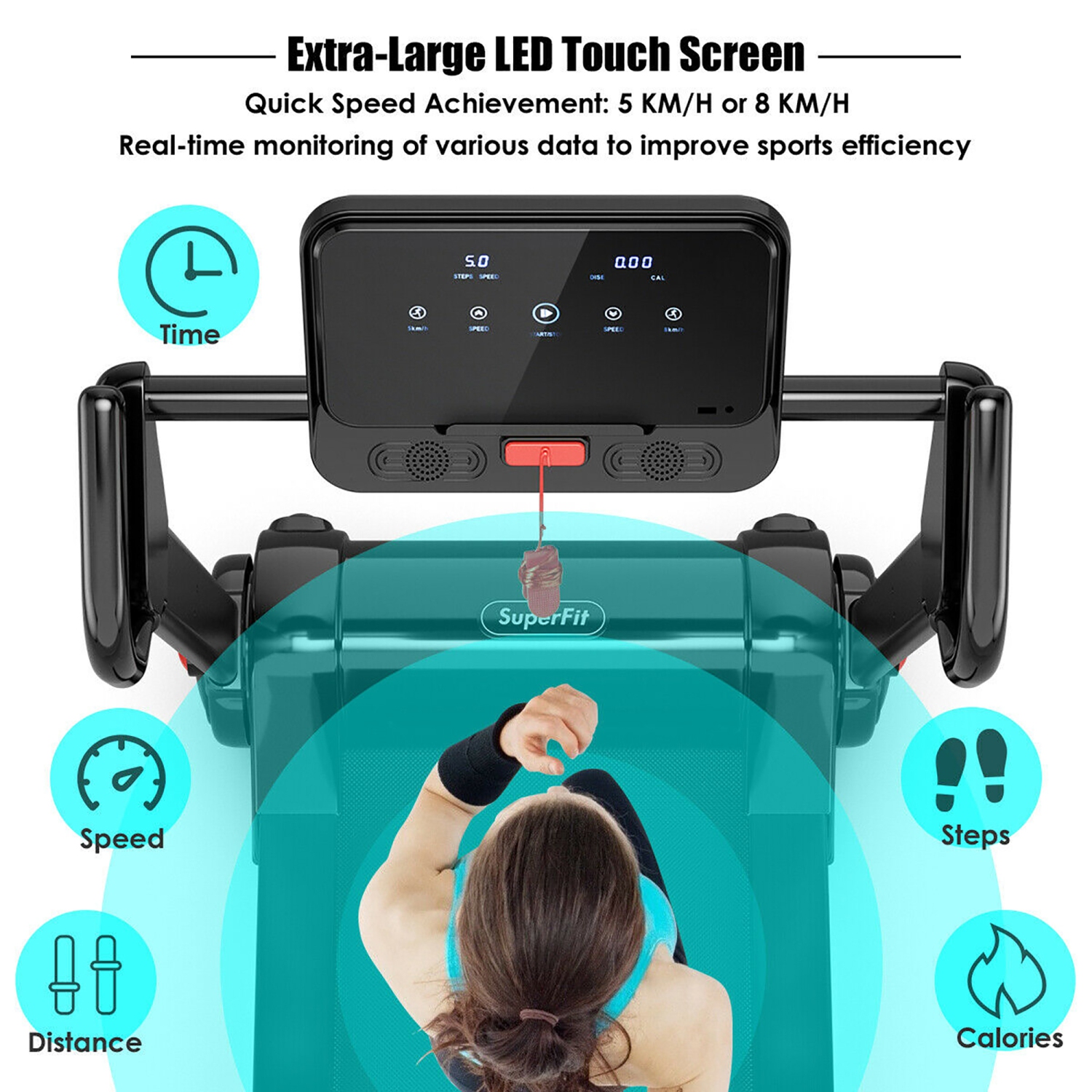 SuperFit 2.25HP Electric Folding Treadmill, Installation-Free Design w/ 8-Stage Damping System, Large LED Touch Display and Bluetooth Speaker,