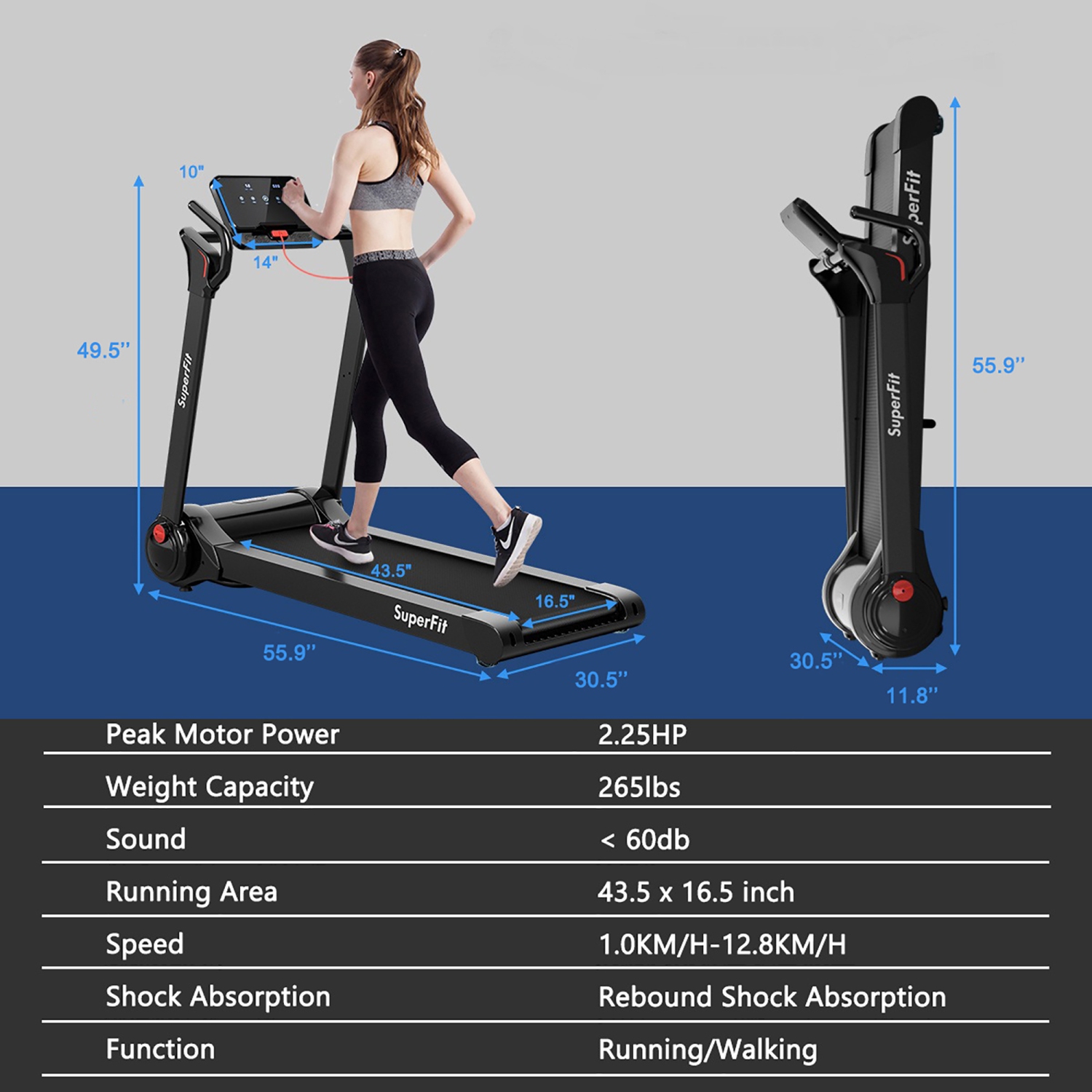 SuperFit 2.25HP Electric Folding Treadmill, Installation-Free Design w/ 8-Stage Damping System, Large LED Touch Display and Bluetooth Speaker,