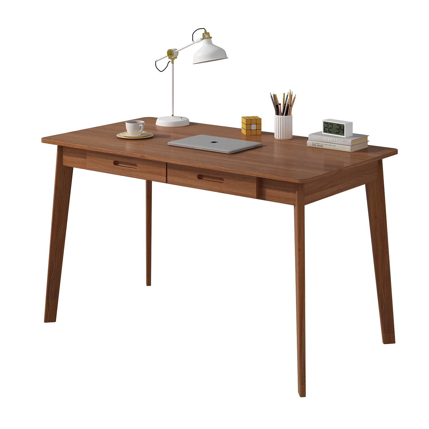 Famapy Wooden Writing Desk with Two Drawers, Modern Home Office Table Dark Brown