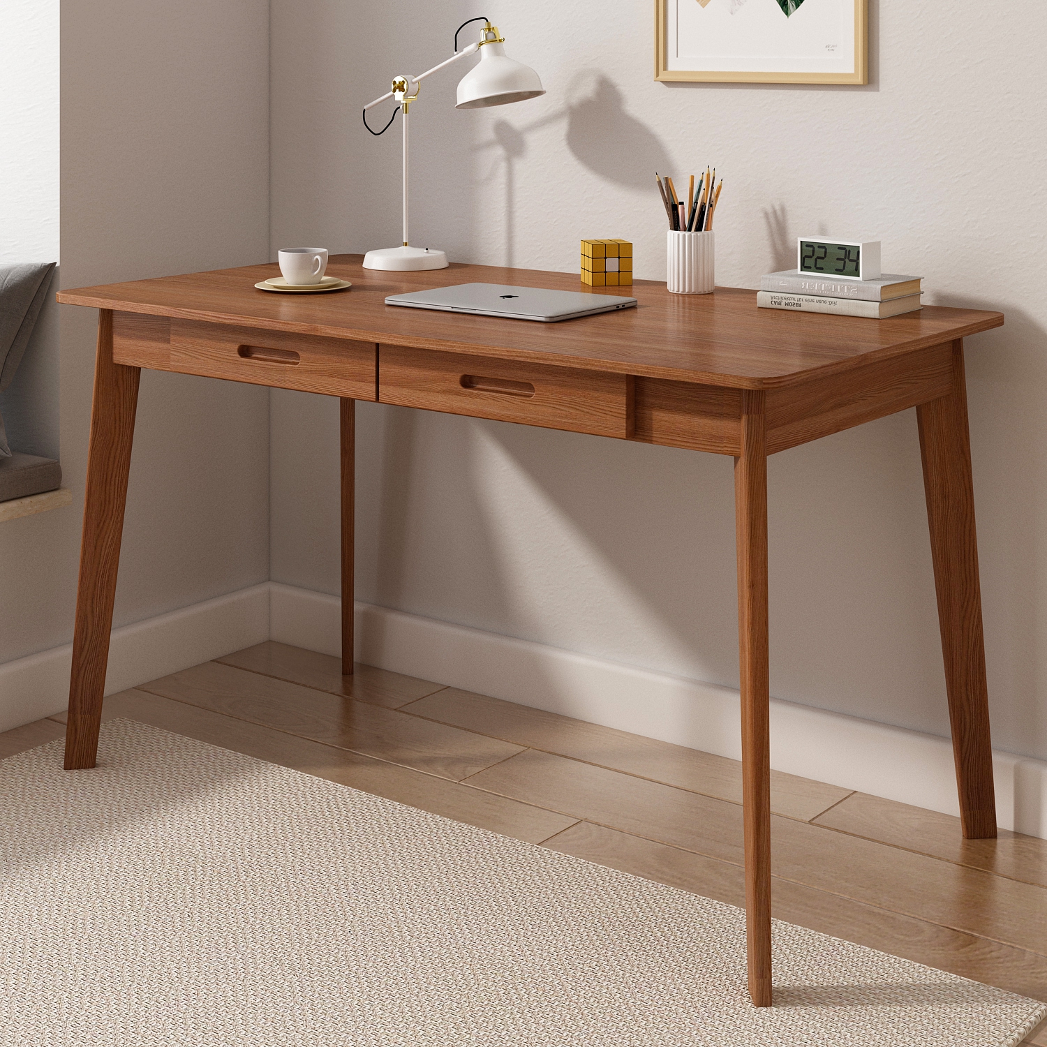 Famapy Wooden Writing Desk with Two Drawers, Modern Home Office Table Dark Brown