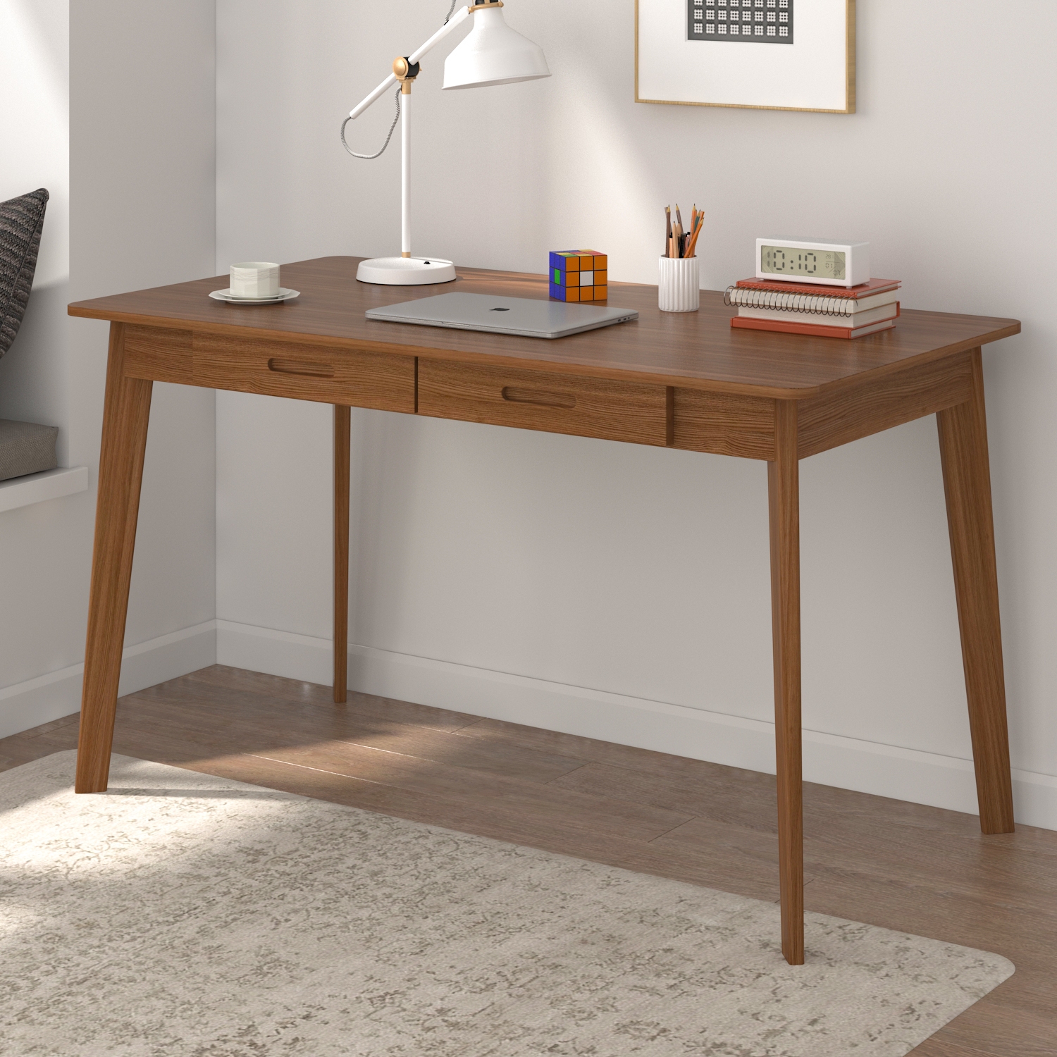 Famapy Wooden Writing Desk with Two Drawers, Modern Home Office Table Dark Brown