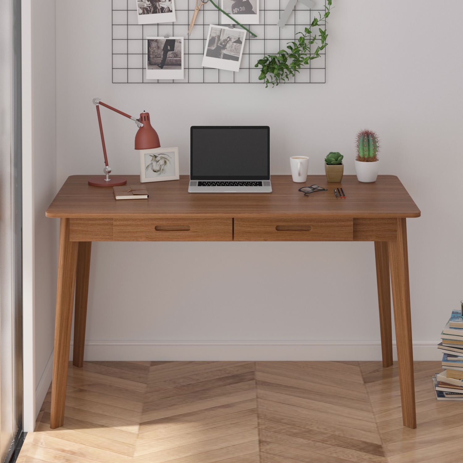 Famapy Wooden Writing Desk with Two Drawers, Modern Home Office Table Dark Brown