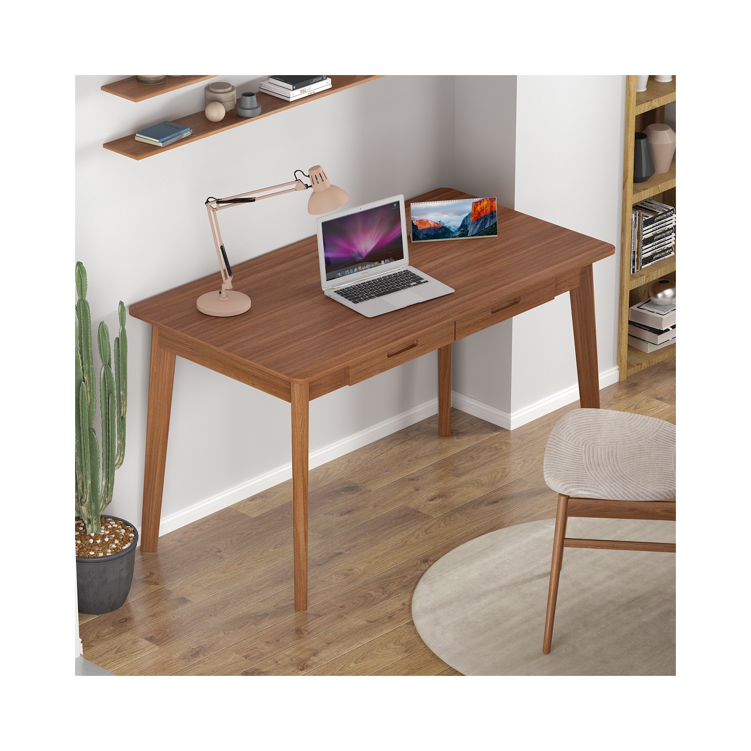 Famapy Wooden Writing Desk with Two Drawers, Modern Home Office Table Dark Brown