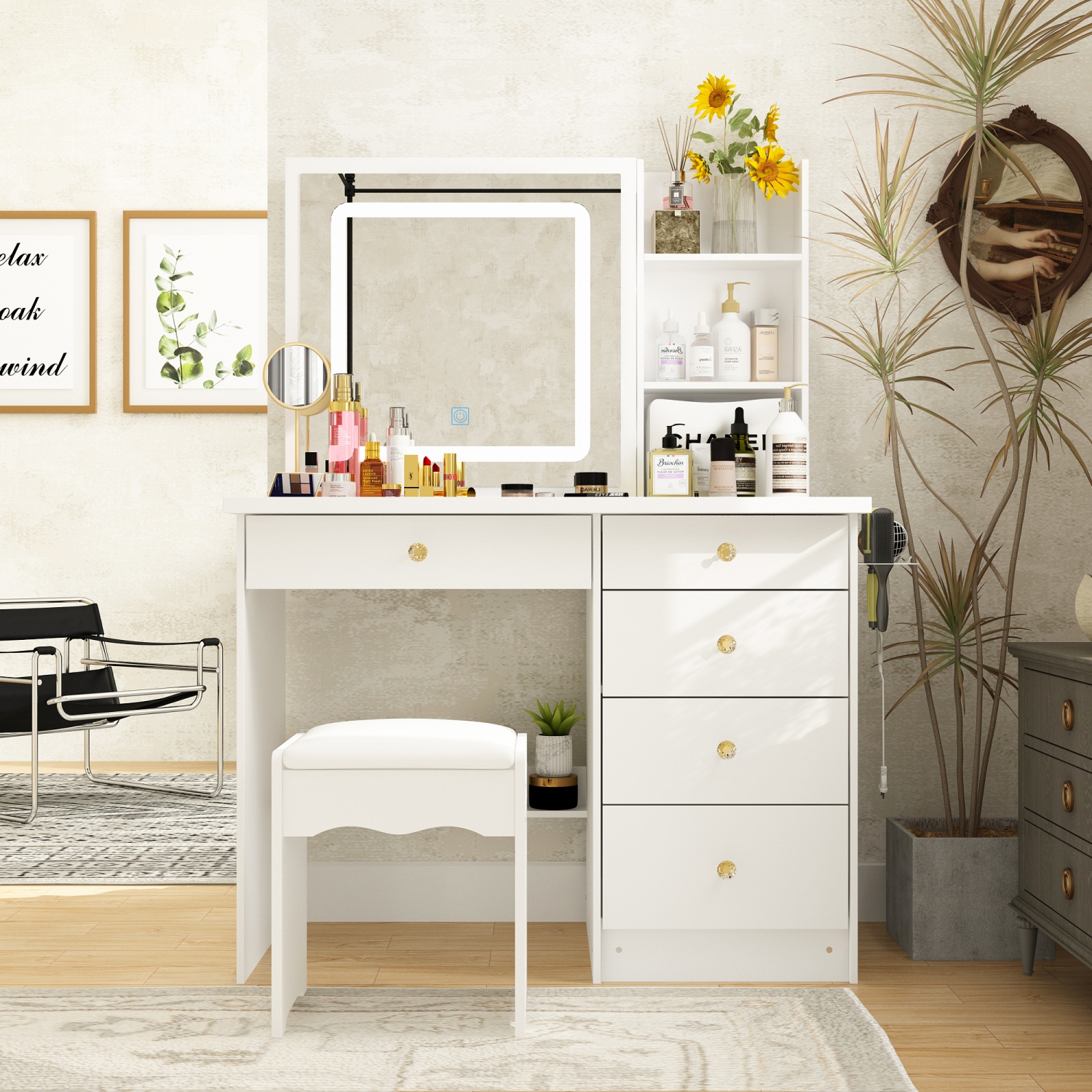 Famapy Vanity Desk Set Makeup Table with Large Sliding Lighted Mirror, Dressing Table with 5 Drawers, Storage Shelves & Cushioned Stool for