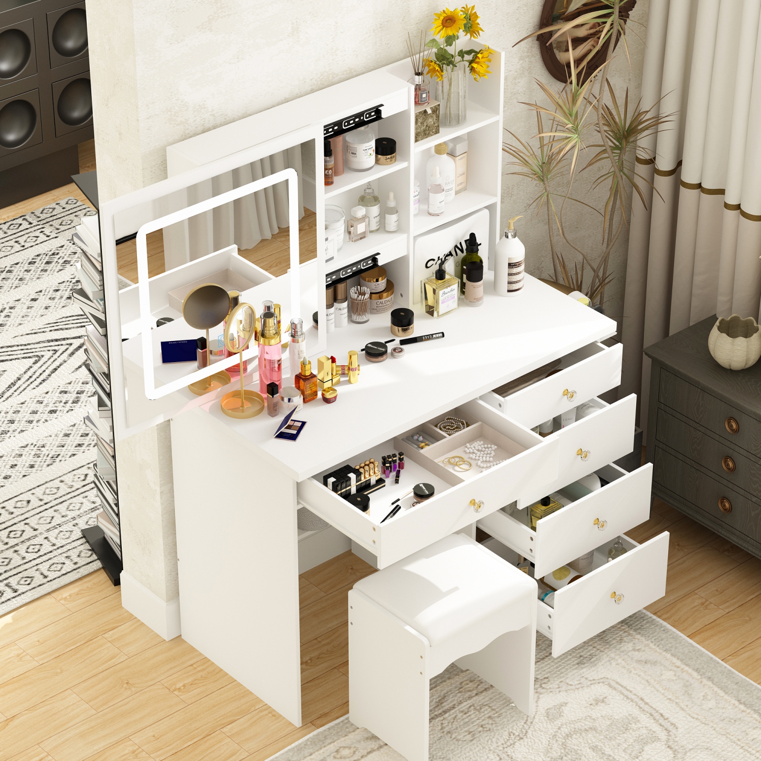 Famapy Vanity Desk Set Makeup Table with Large Sliding Lighted Mirror, Dressing Table with 5 Drawers, Storage Shelves & Cushioned Stool for