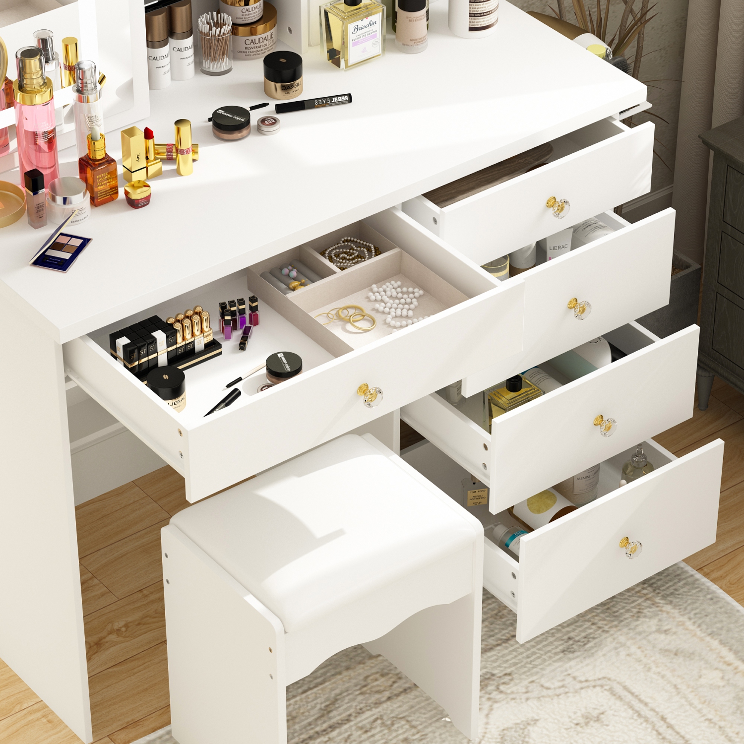 Famapy Vanity Desk Set Makeup Table with Large Sliding Lighted Mirror, Dressing Table with 5 Drawers, Storage Shelves & Cushioned Stool for