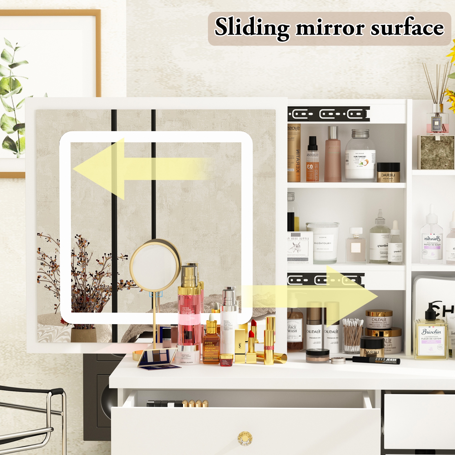 Famapy Vanity Desk Set Makeup Table with Large Sliding Lighted Mirror, Dressing Table with 5 Drawers, Storage Shelves & Cushioned Stool for