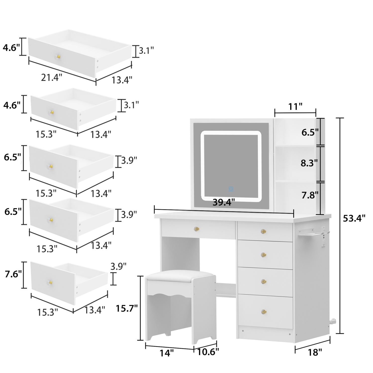 Famapy Vanity Desk Set Makeup Table with Large Sliding Lighted Mirror, Dressing Table with 5 Drawers, Storage Shelves & Cushioned Stool for
