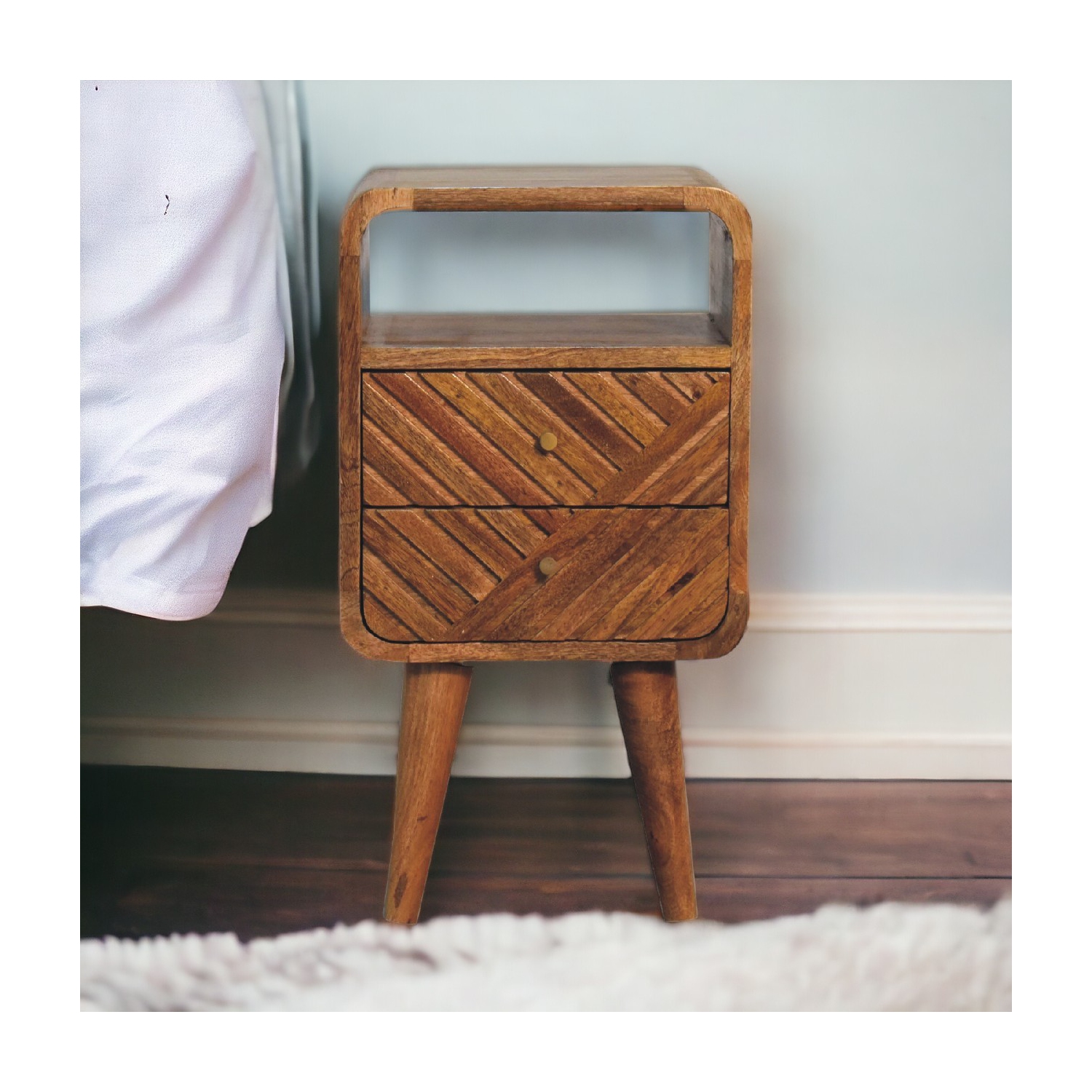 Artisan Furniture Solid Wood Mini Lille Curved Nightstand in oak-ish finish
