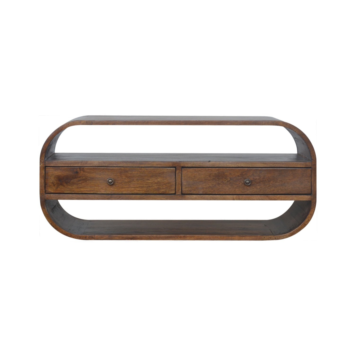 Meuble multimédia en bois massif à bords incurvés avec 2 tiroirs au fini marron d'Artisan Furniture