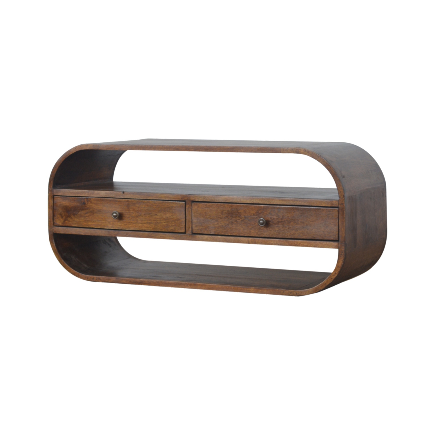 Meuble multimédia en bois massif à bords incurvés avec 2 tiroirs au fini marron d'Artisan Furniture