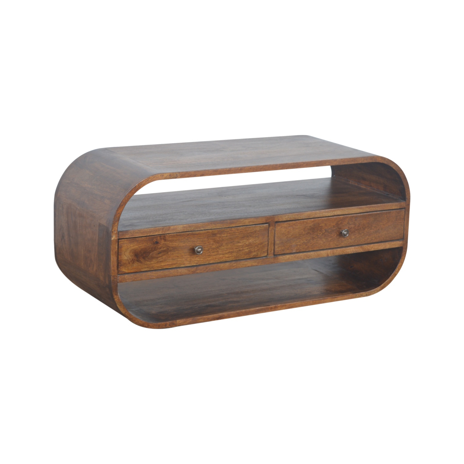 Meuble multimédia en bois massif à bords incurvés avec 2 tiroirs au fini marron d'Artisan Furniture