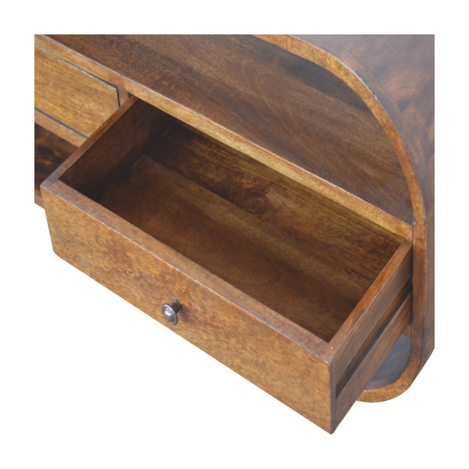 Meuble multimédia en bois massif à bords incurvés avec 2 tiroirs au fini marron d'Artisan Furniture