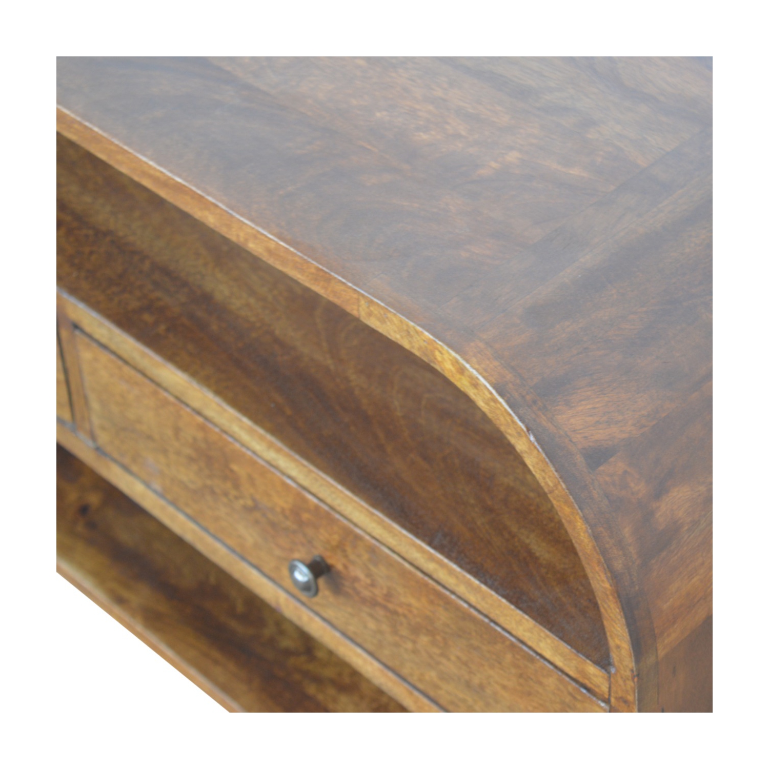 Meuble multimédia en bois massif à bords incurvés avec 2 tiroirs au fini marron d'Artisan Furniture