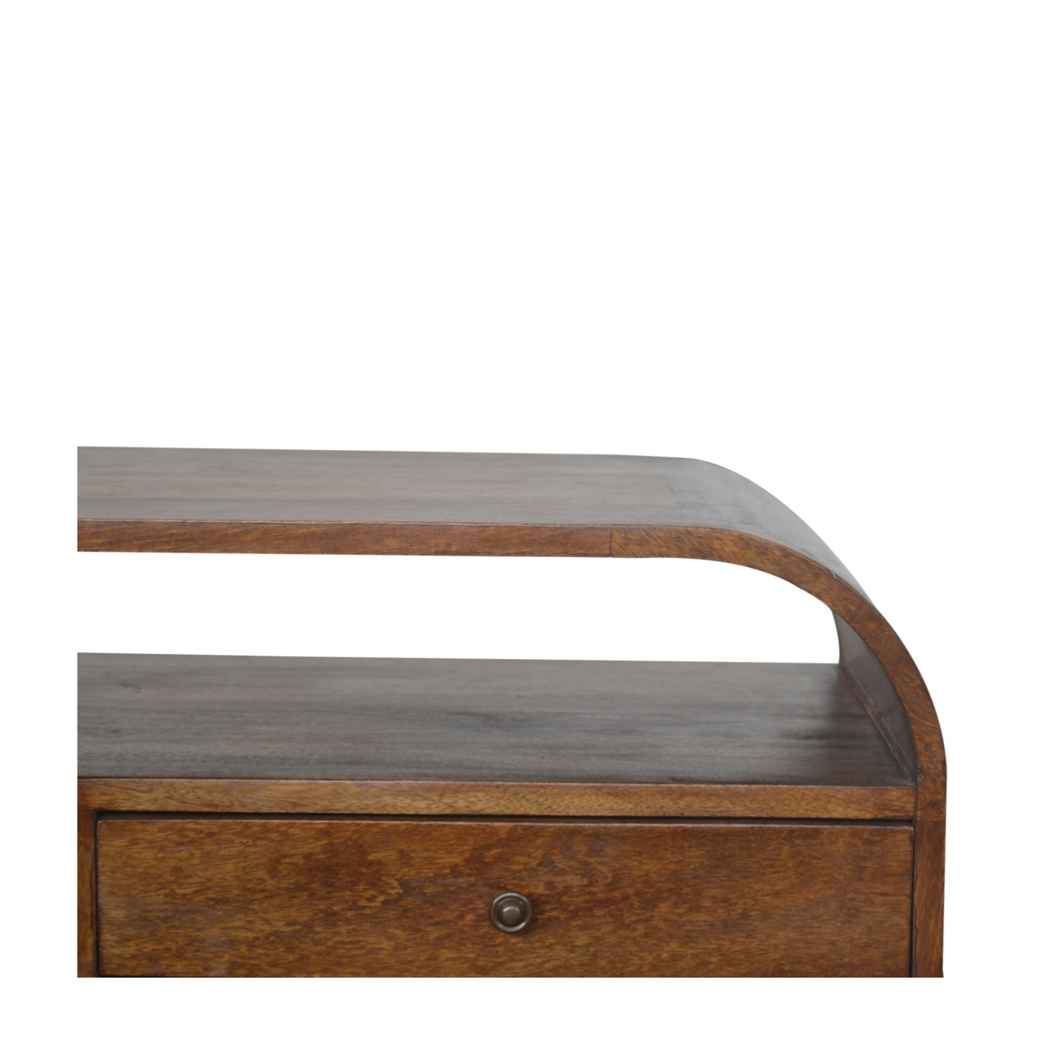 Meuble multimédia en bois massif à bords incurvés avec 2 tiroirs au fini marron d'Artisan Furniture