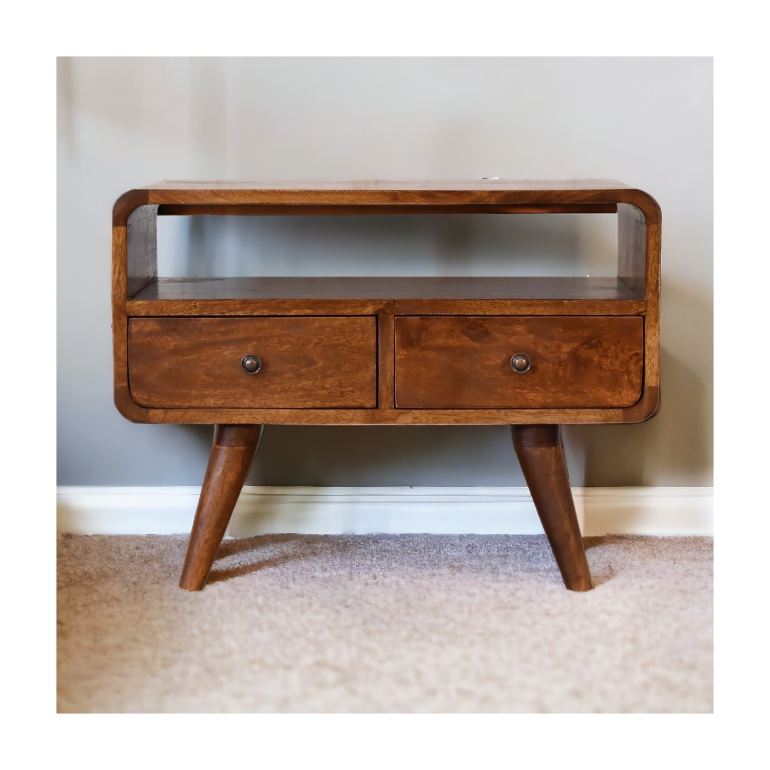 Meuble multimédia courbé Artisan Furniture Mini, marron, 2 tiroirs