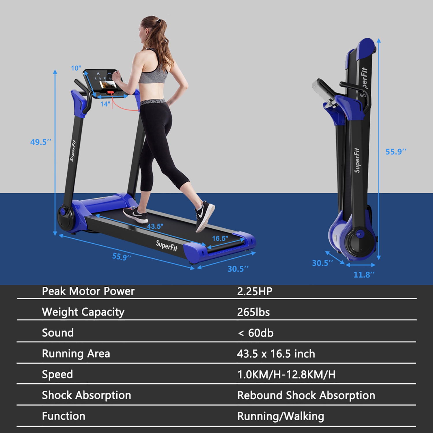 SuperFit 2.25HP Electric Folding Treadmill, Installation-Free Design w/ 8-Stage Damping System, Large LED Touch Display and Bluetooth Speaker,