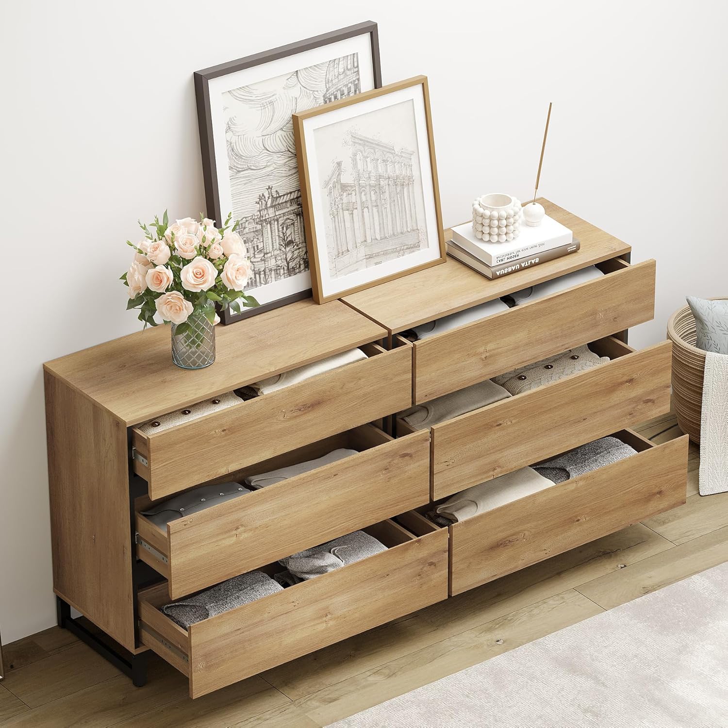 WAMPAT 2 in 1 Dresser for Bedroom, Closet Organizers and Storage with 6 Drawers, Chest of Drawers for Living Room, Bedroom,Oak