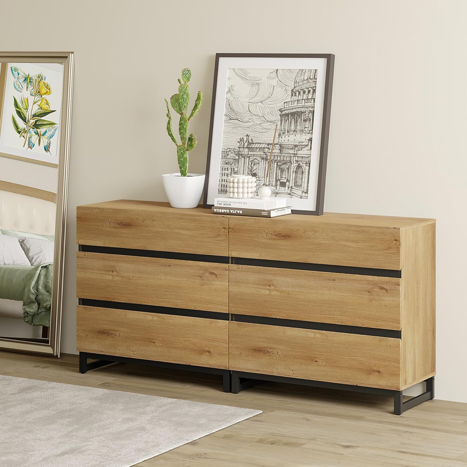 WAMPAT 2 in 1 Dresser for Bedroom, Closet Organizers and Storage with 6 Drawers, Chest of Drawers for Living Room, Bedroom,Oak