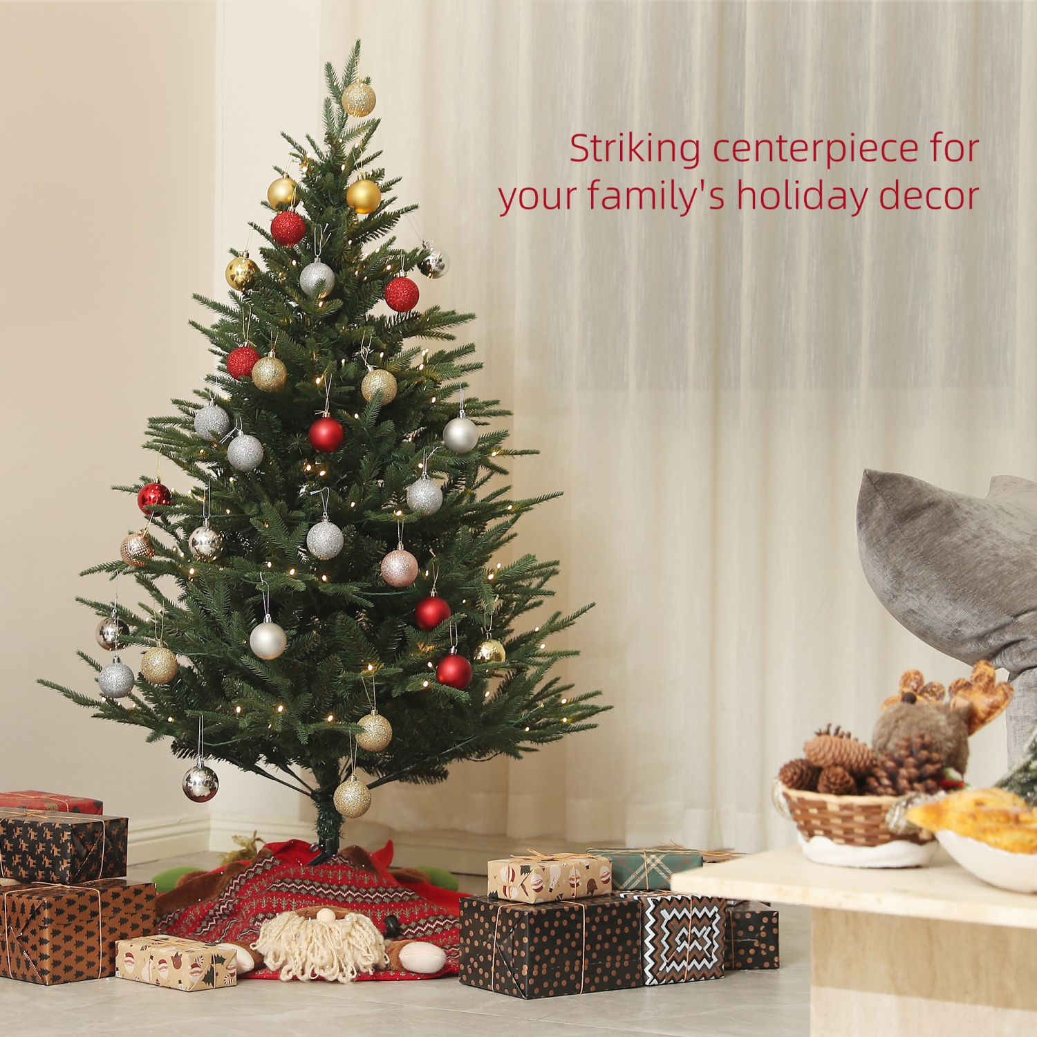 Arbre de Noël illuminé 5&nbsp;pi de HOMCOM avec 542 pointes, lumières à DEL blanc chaud et base en acier, arbre de Noël artificiel à charnières,