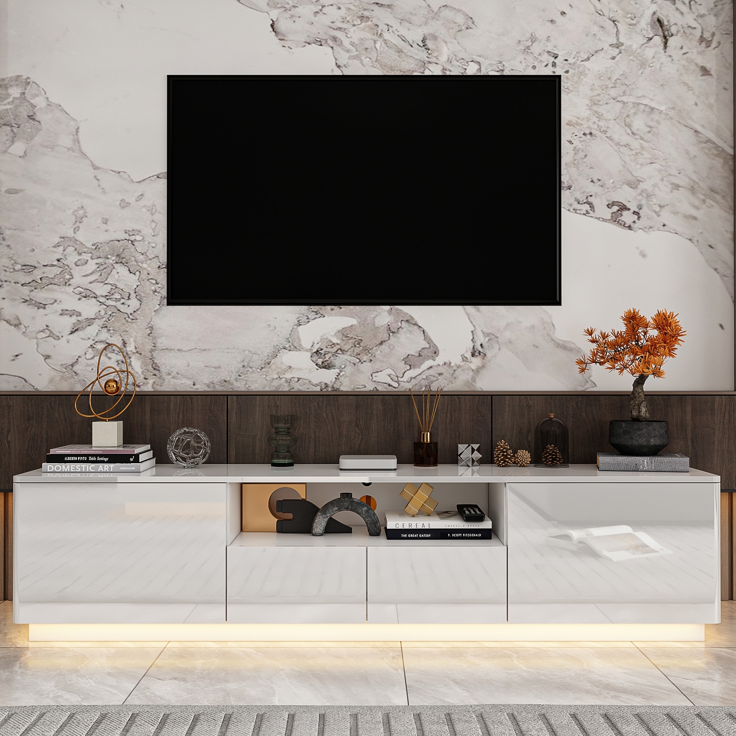 Famapy High Gloss TV Stand with Storage Drawers and Open Shelves, White
