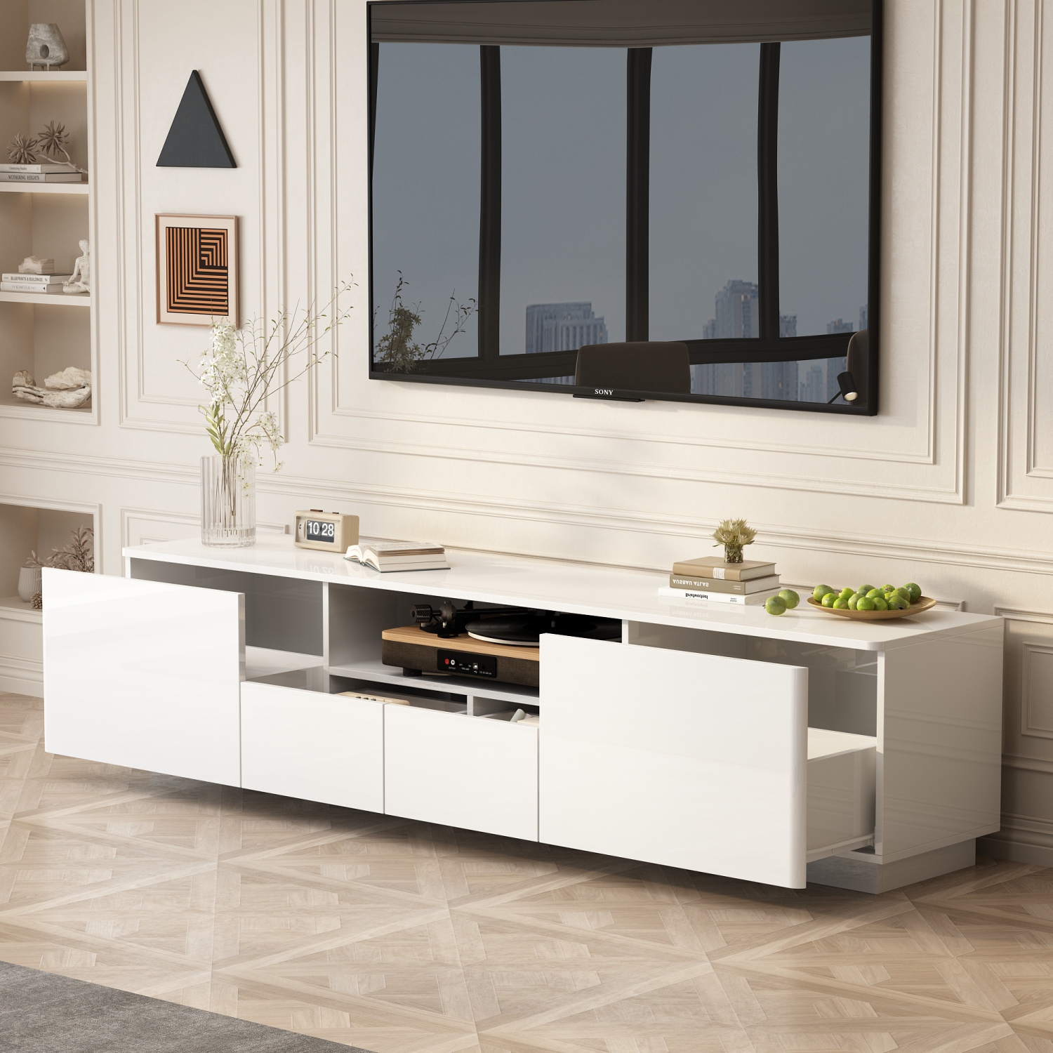 Famapy High Gloss TV Stand with Storage Drawers and Open Shelves, White
