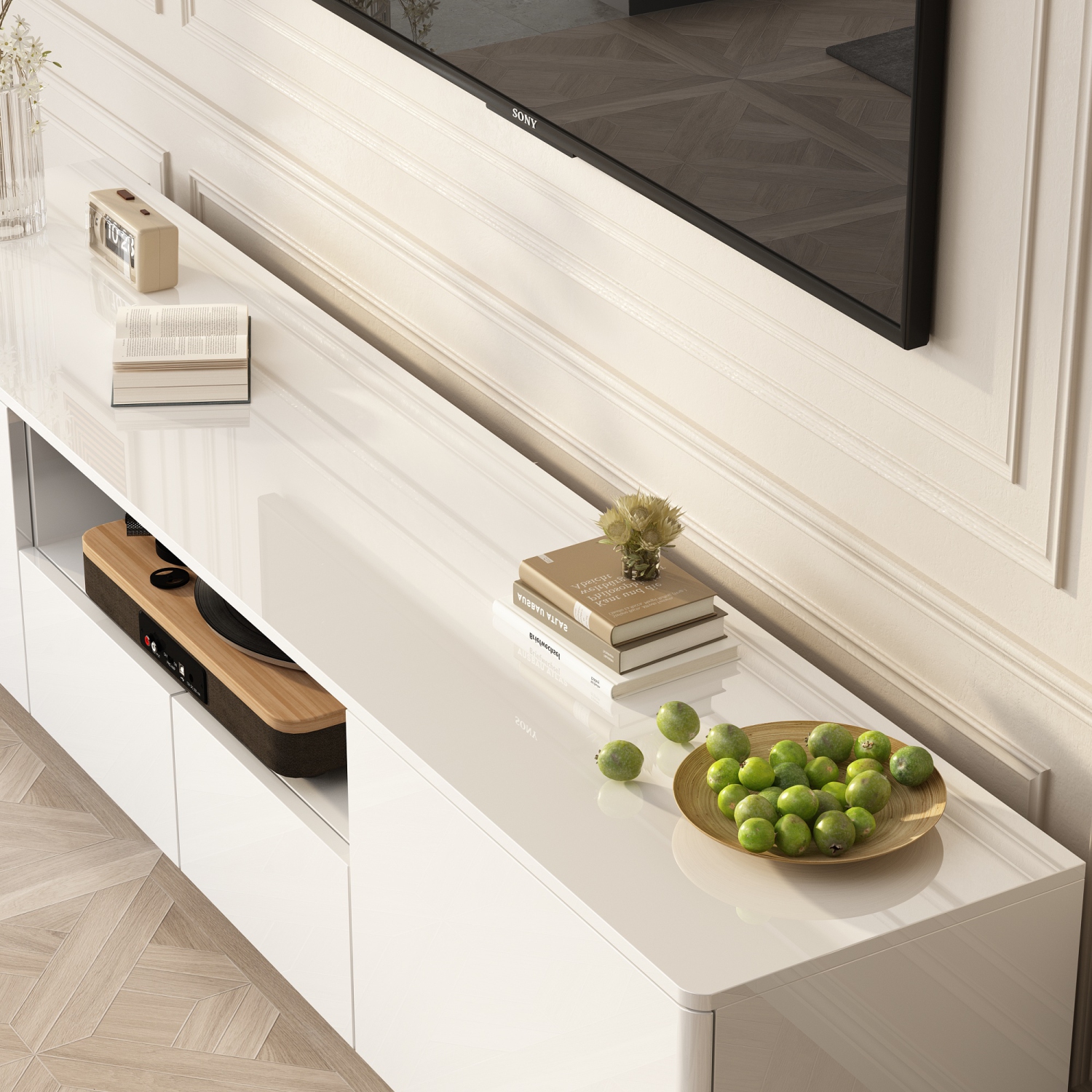 Famapy High Gloss TV Stand with Storage Drawers and Open Shelves, White