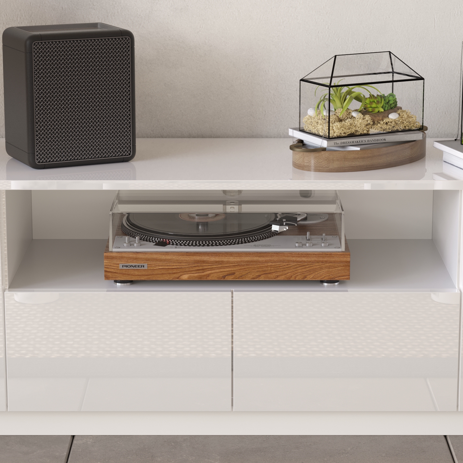 Famapy High Gloss TV Stand with Storage Drawers and Open Shelves, White