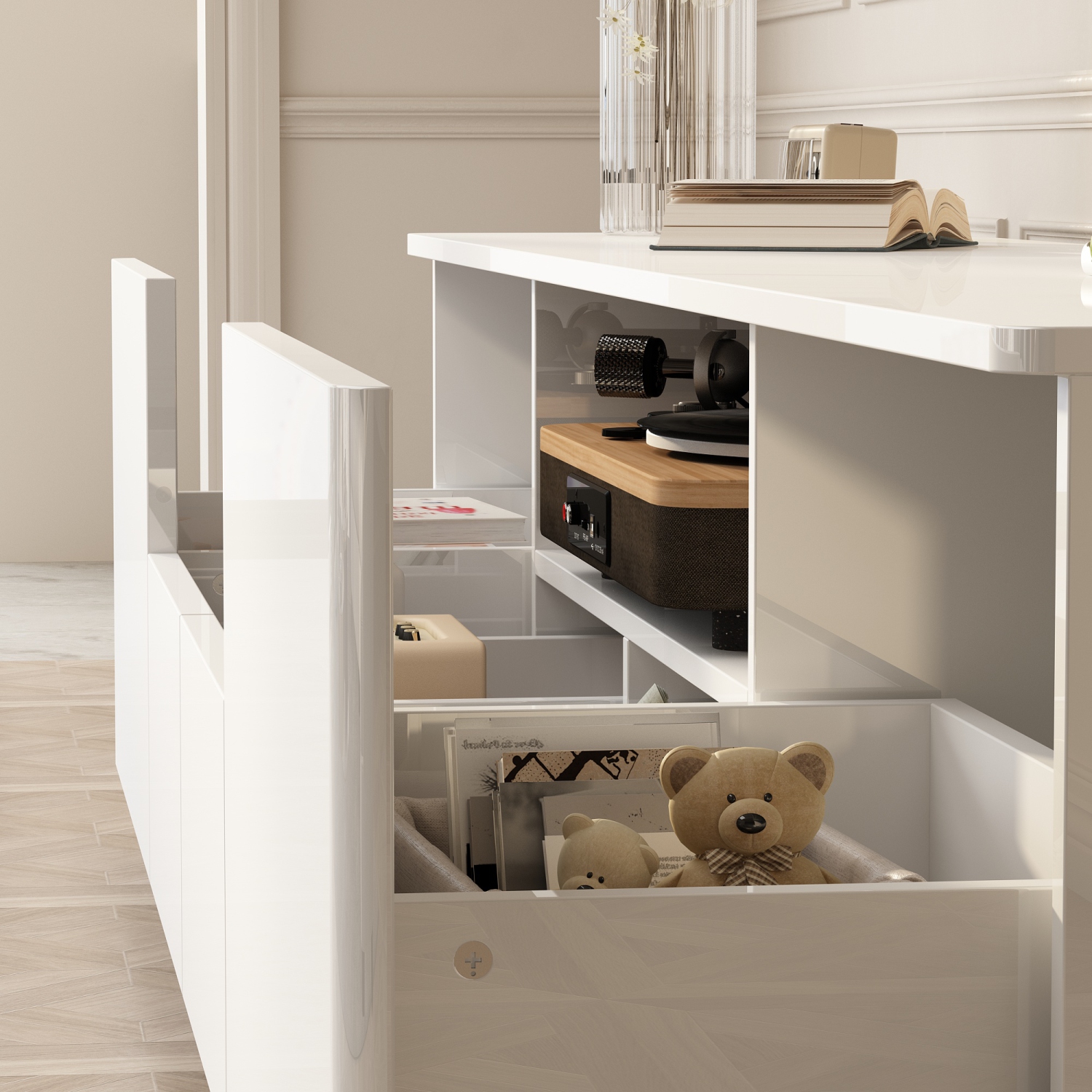 Famapy High Gloss TV Stand with Storage Drawers and Open Shelves, White