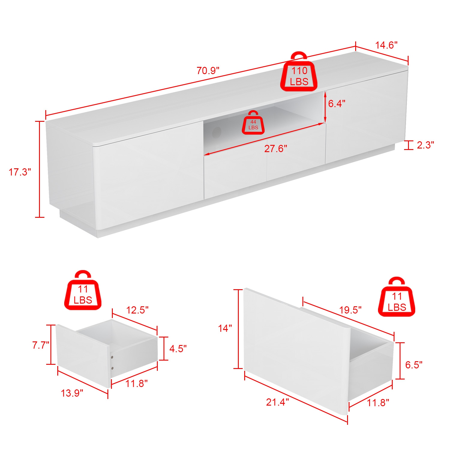 Famapy High Gloss TV Stand with Storage Drawers and Open Shelves, White