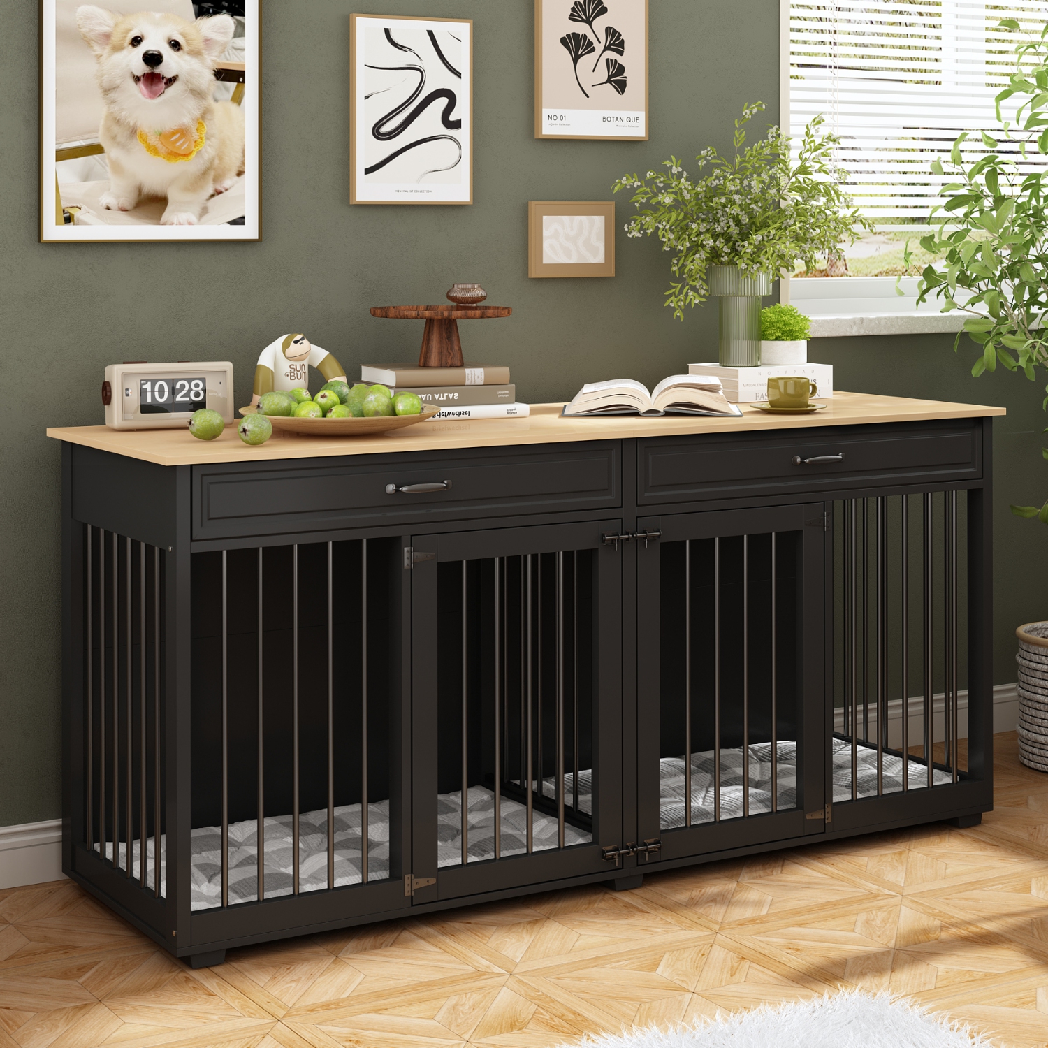 Famapy Large Double-Door Dog Crate Cabinet with Drawers and Spacious Compartments Black