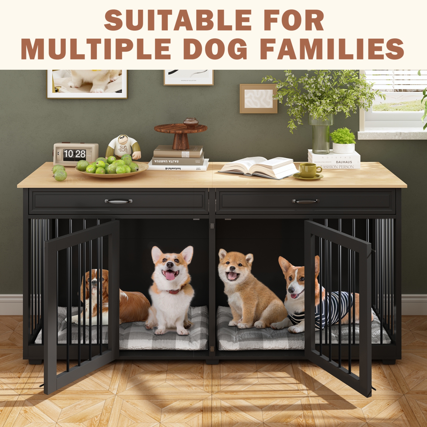 Famapy Large Double-Door Dog Crate Cabinet with Drawers and Spacious Compartments Black