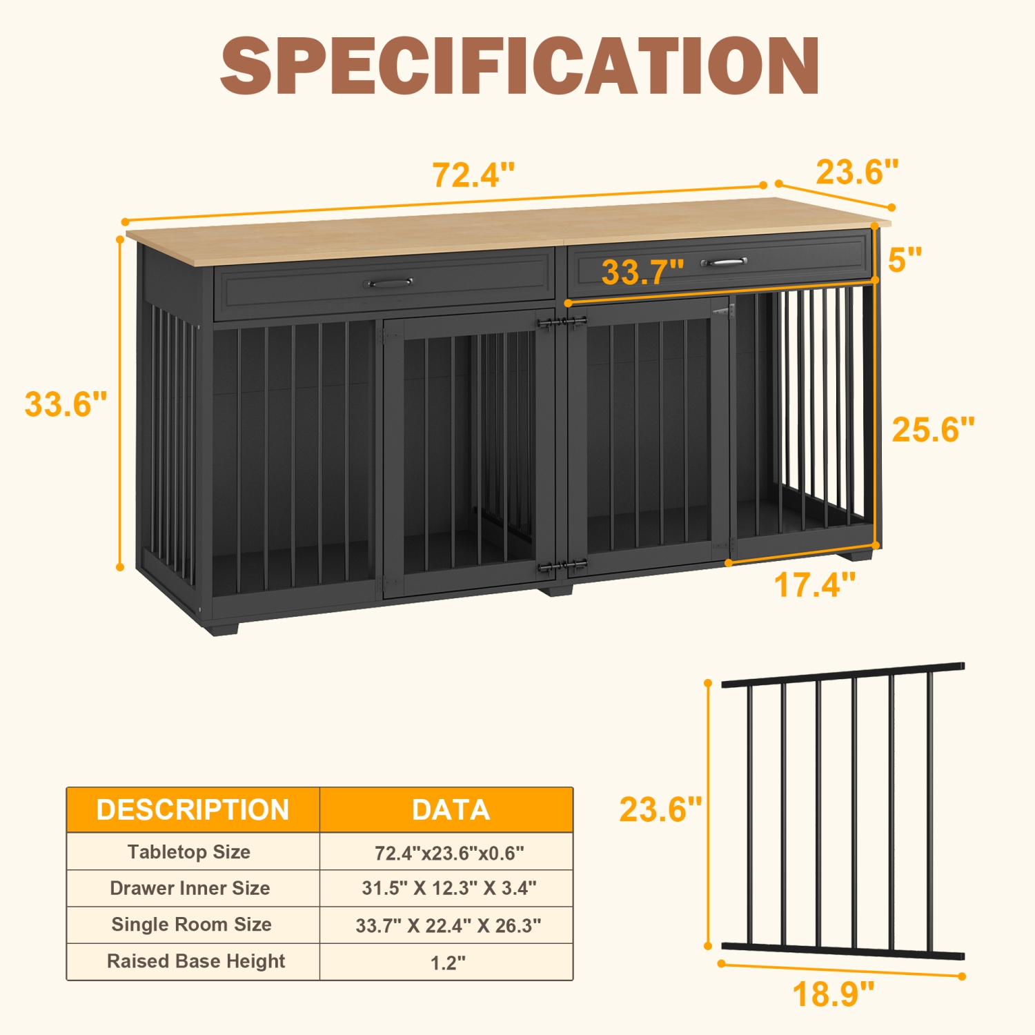 Famapy Large Double-Door Dog Crate Cabinet with Drawers and Spacious Compartments Black