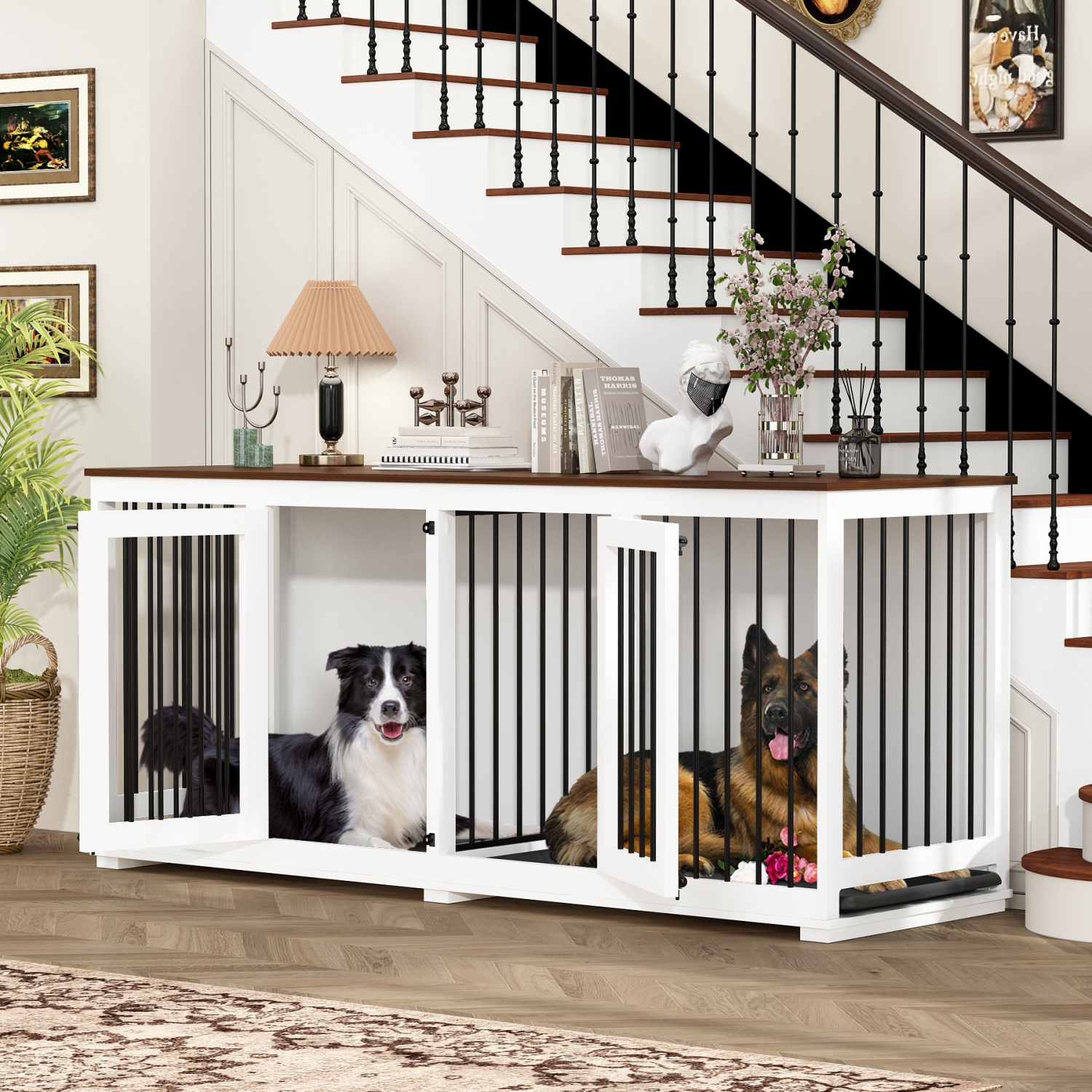 Famapy Large Double-Door Dog Crate Cabinet with Spacious Compartments White