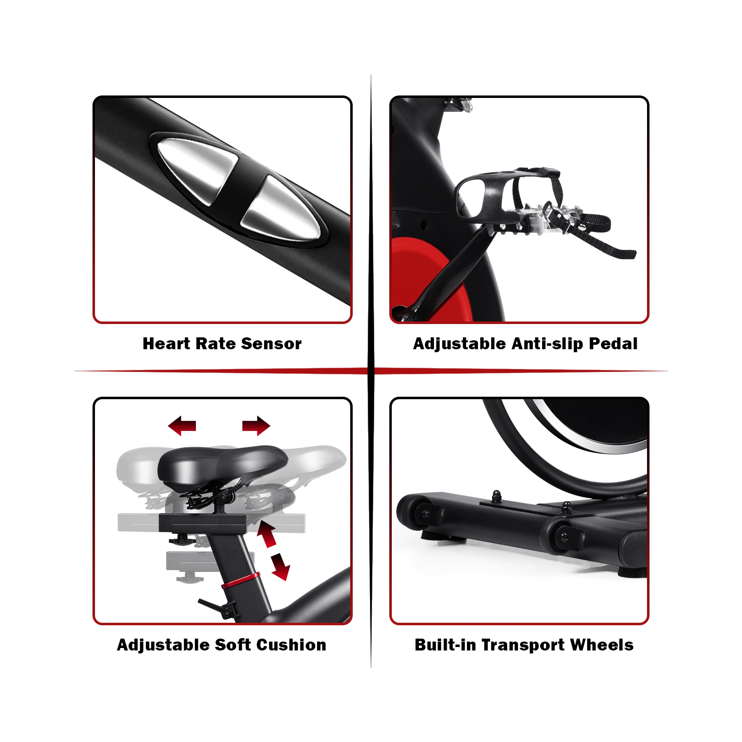 Vélo d'exercice d'intérieur SuperFit avec courroie silencieuse et support pour téléphone, siège ajustable, moniteur ACL, vélo stationnaire pour